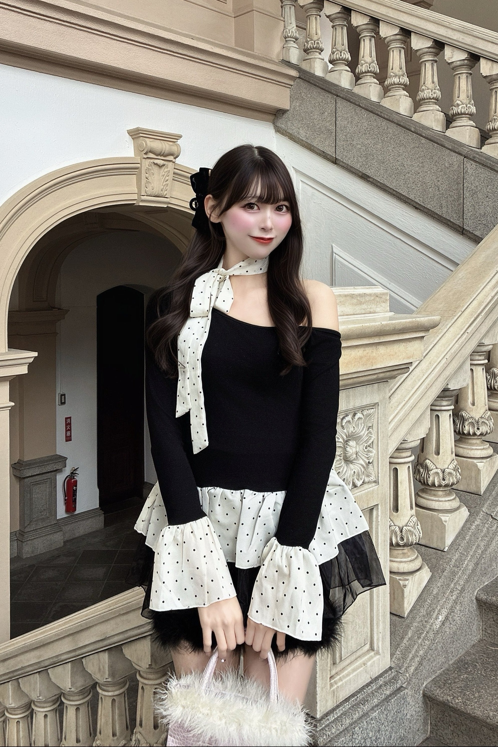 ワンオフショルドットフリルトップス KR30468