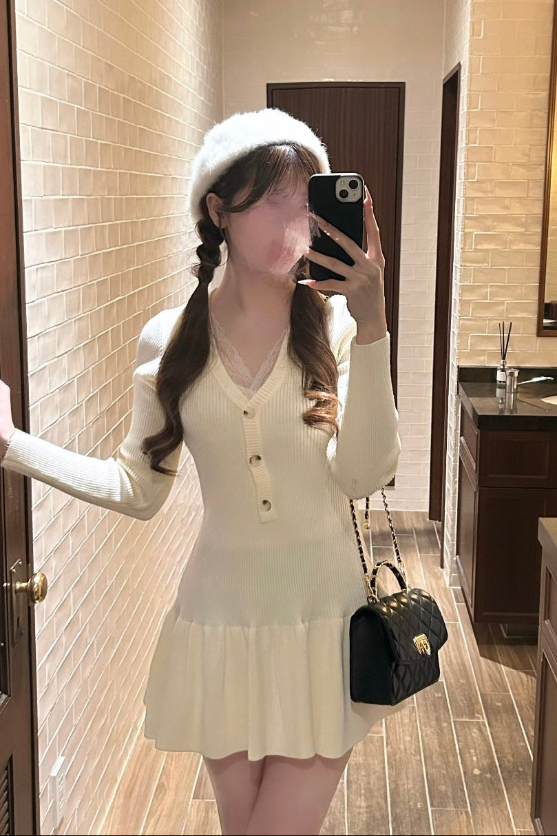 フロントボタンVネックニットワンピース KR14086