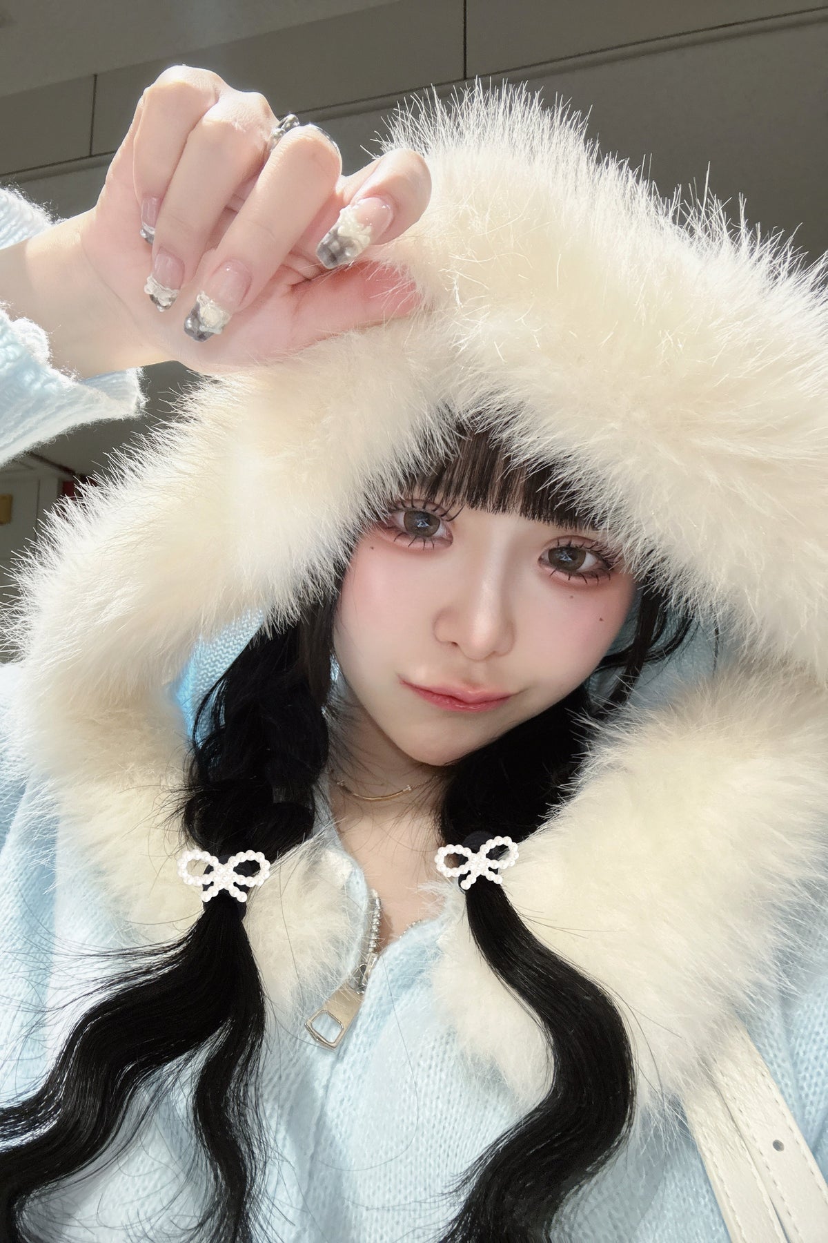 ファーリボンポケットニットパーカー KR16032