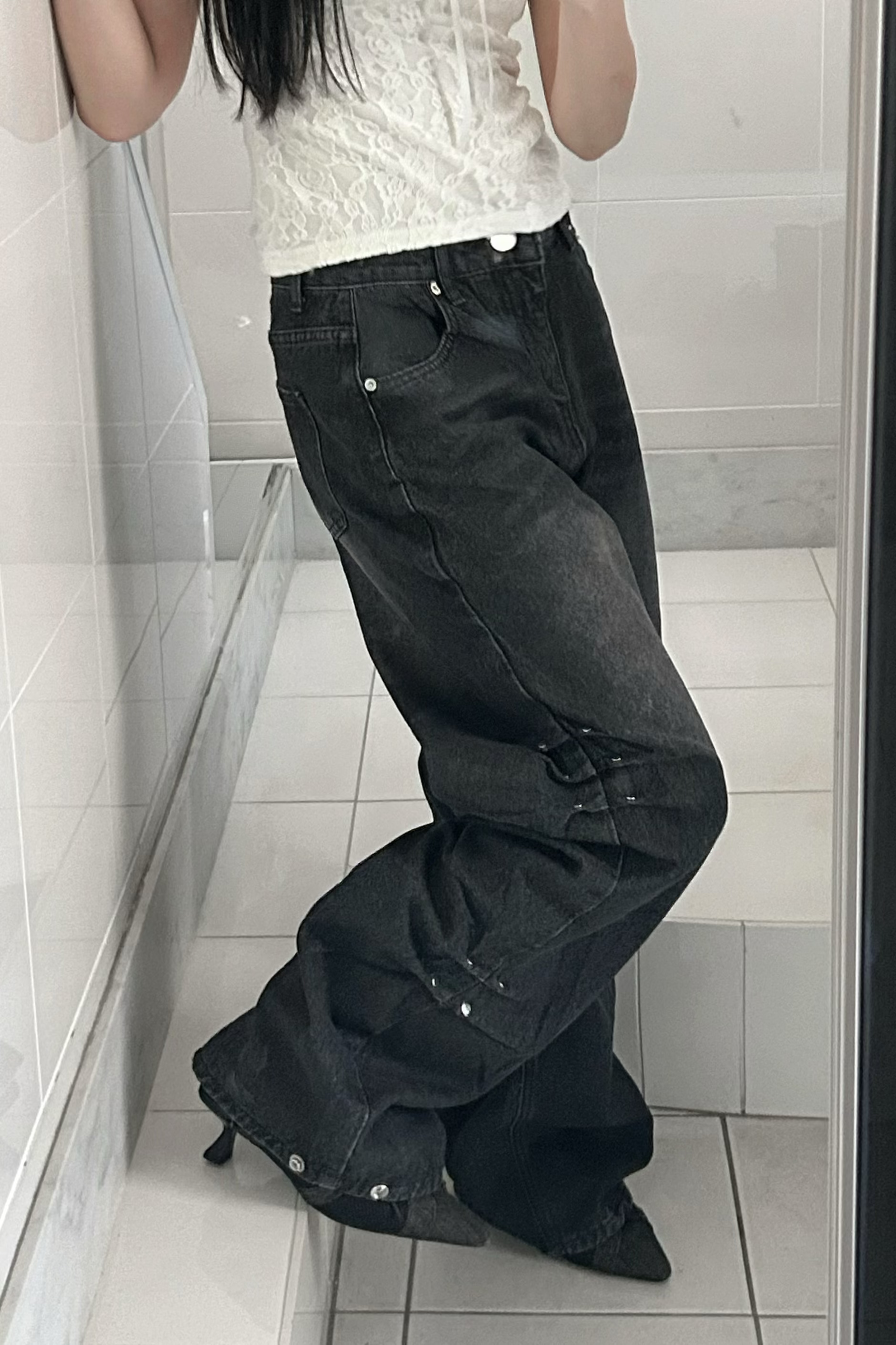 ウォッシュドサイドボタンワイドデニムパンツ KR15310