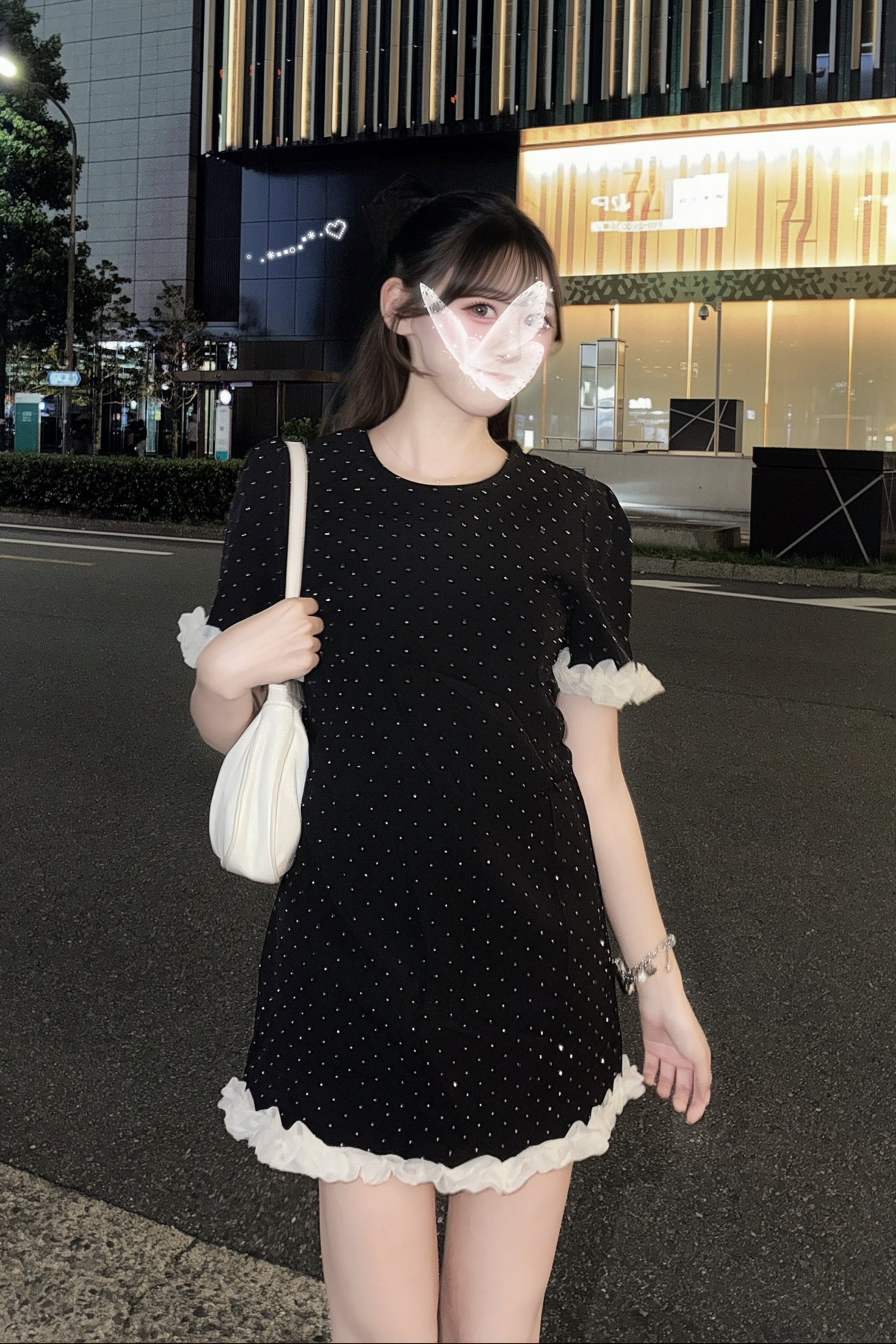 ラメビジューパフスリーブフリルワンピース KR15825