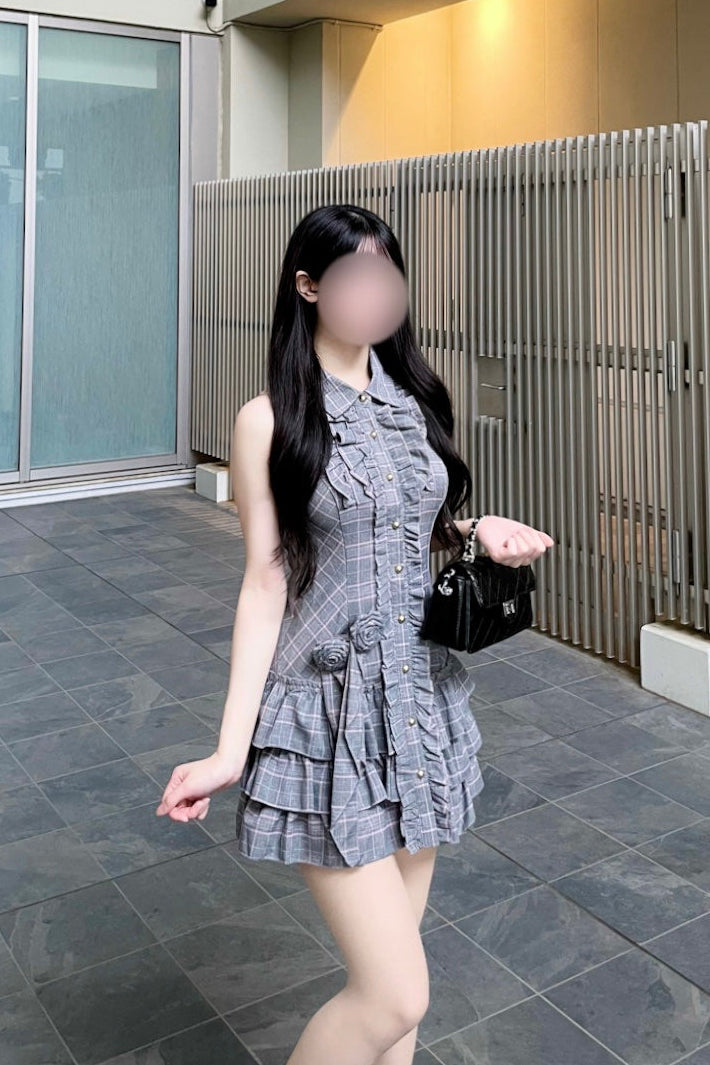 チェックホルターネックティアードワンピース KR15272