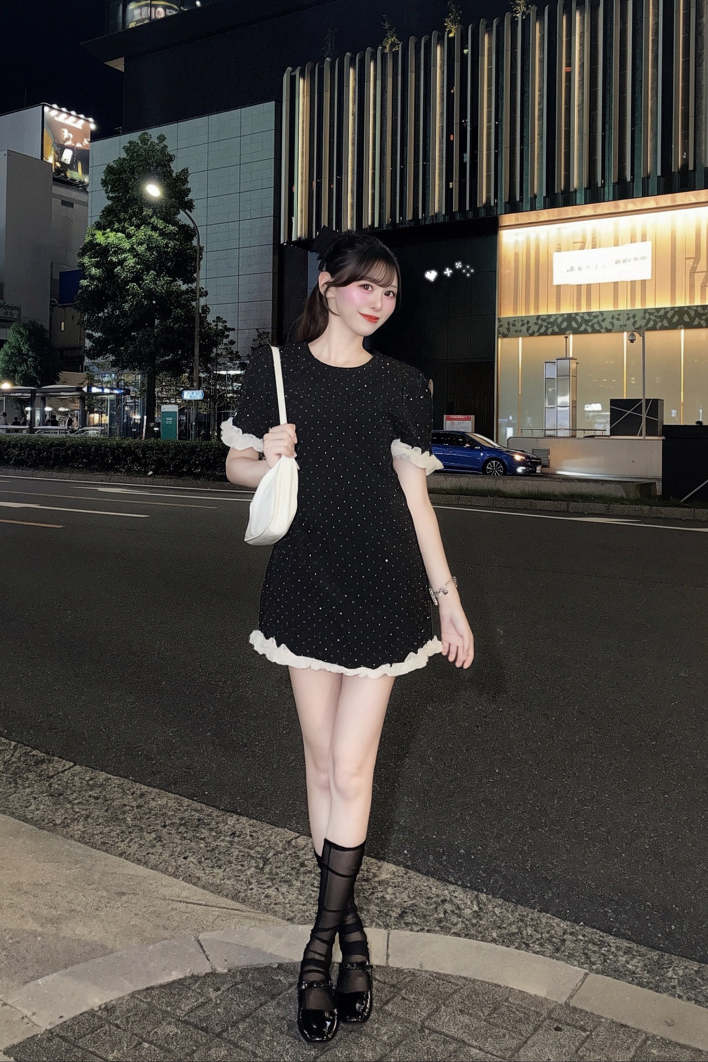 ラメビジューパフスリーブフリルワンピース KR15825