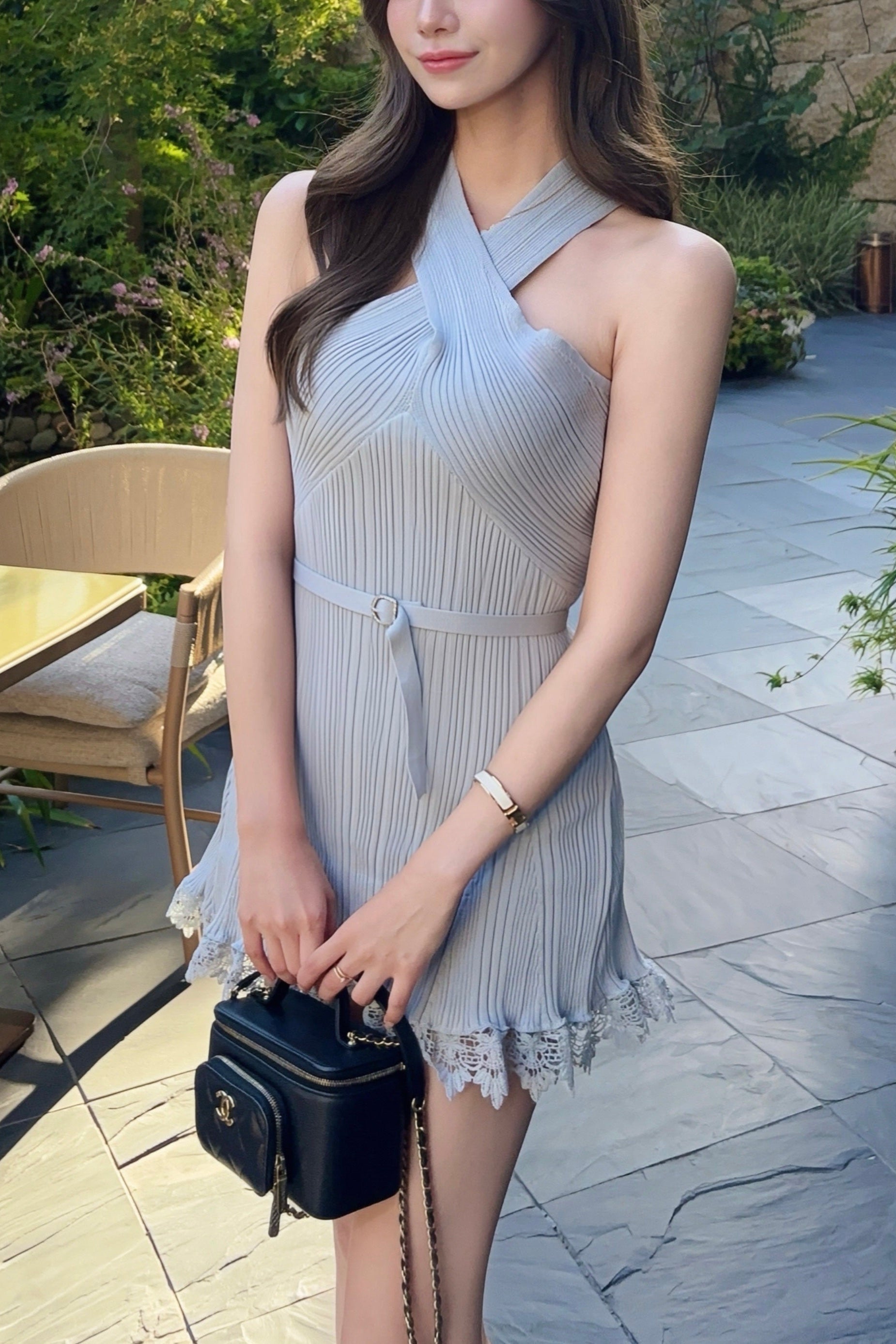 クロスネックリブニットレースワンピース KR15214
