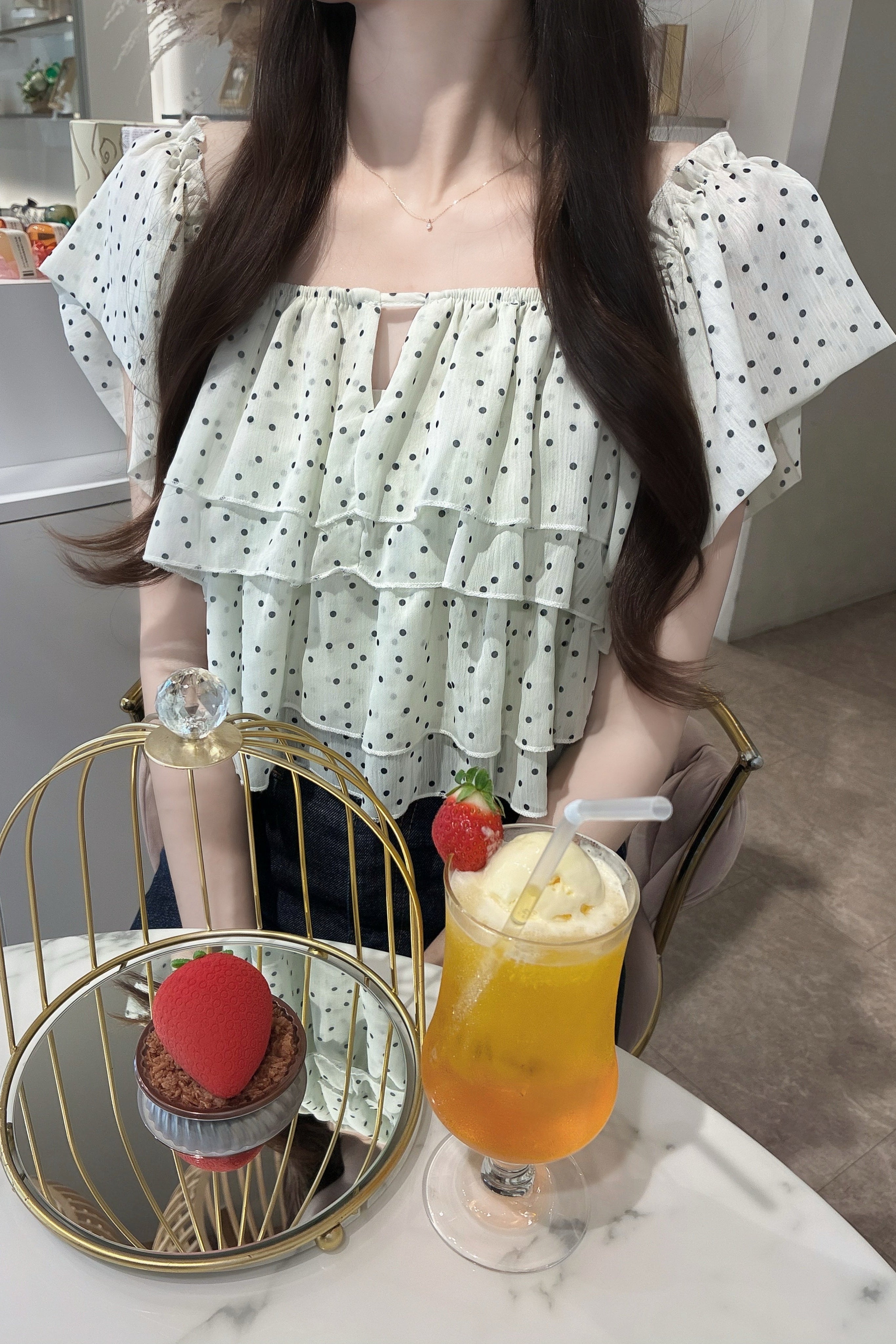 シアーオフショルダードットトップス KR15088