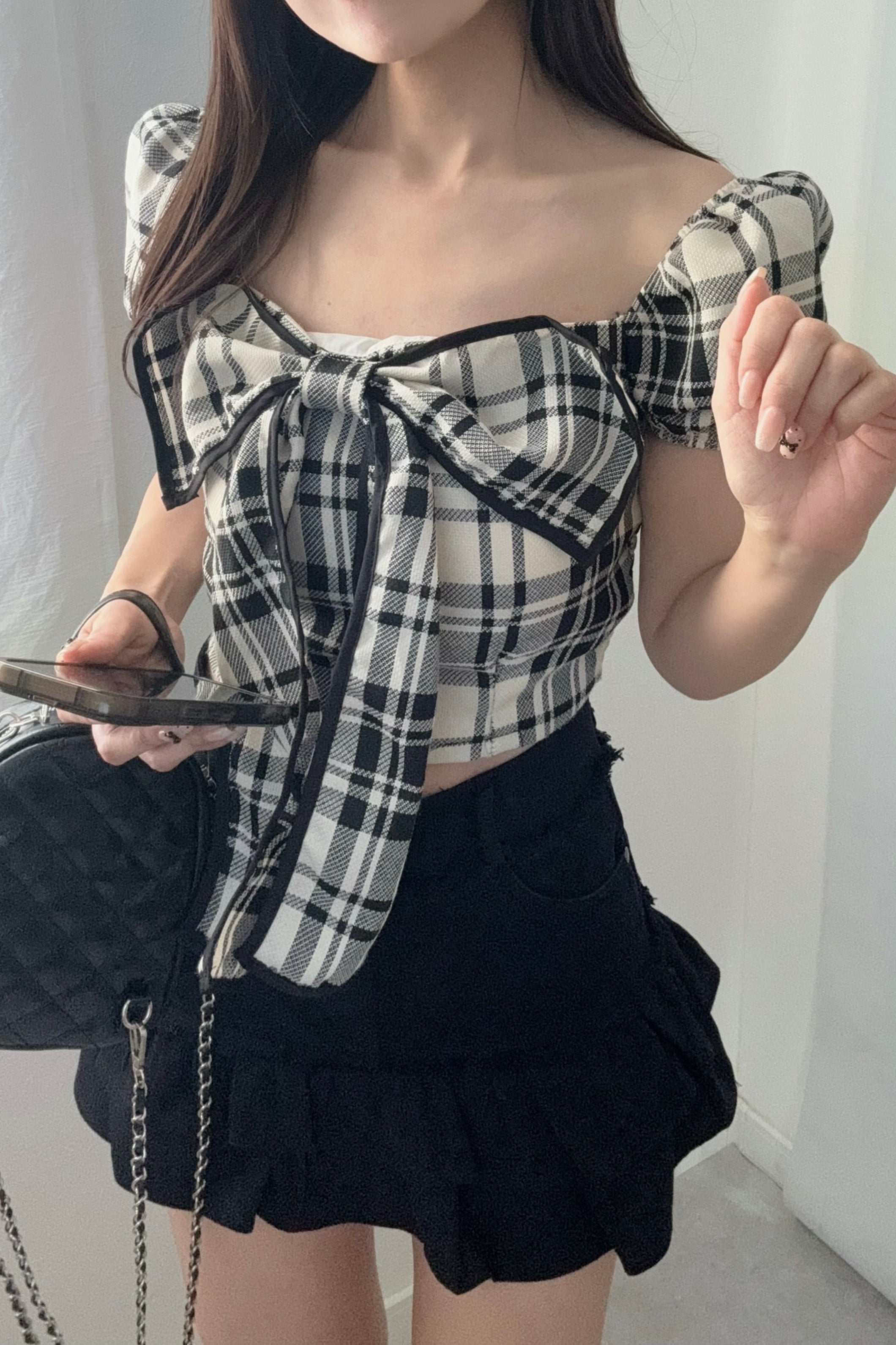 チェックリボンパフスリーブトップス KR11378