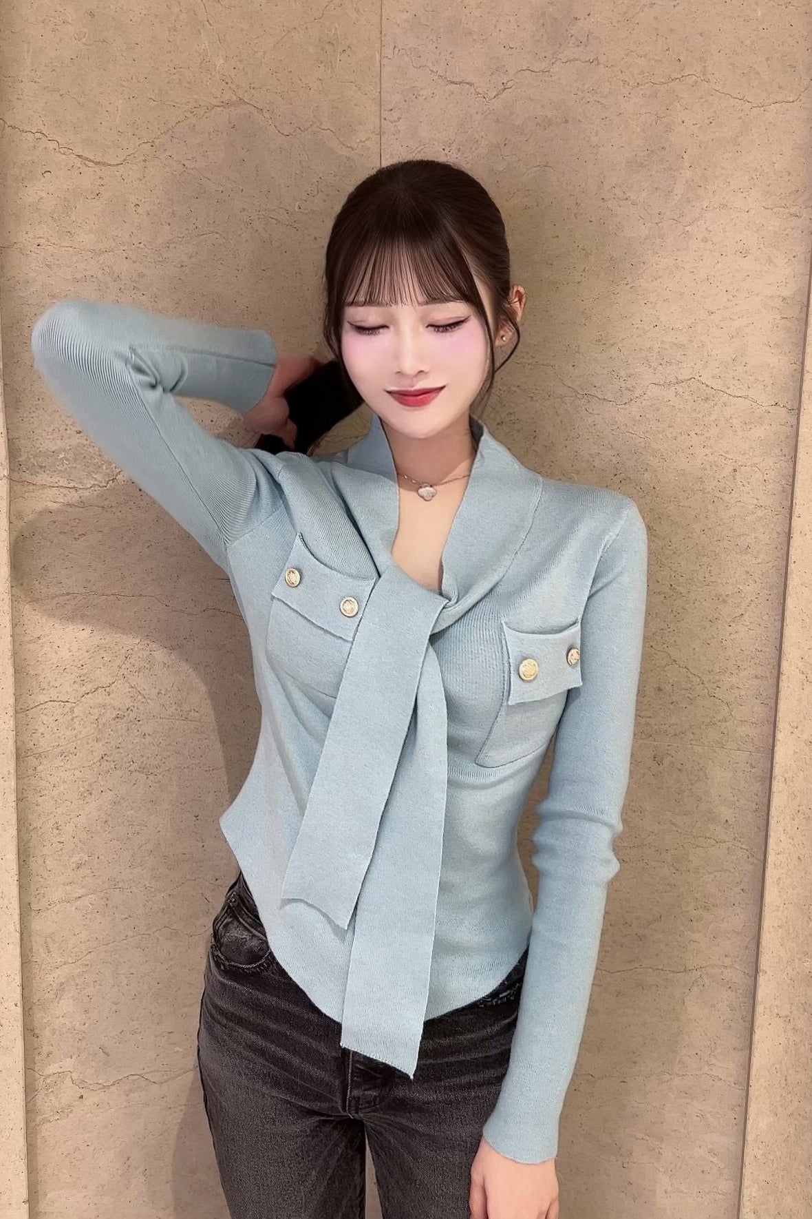 パールボウタイリブニットトップス KR13833