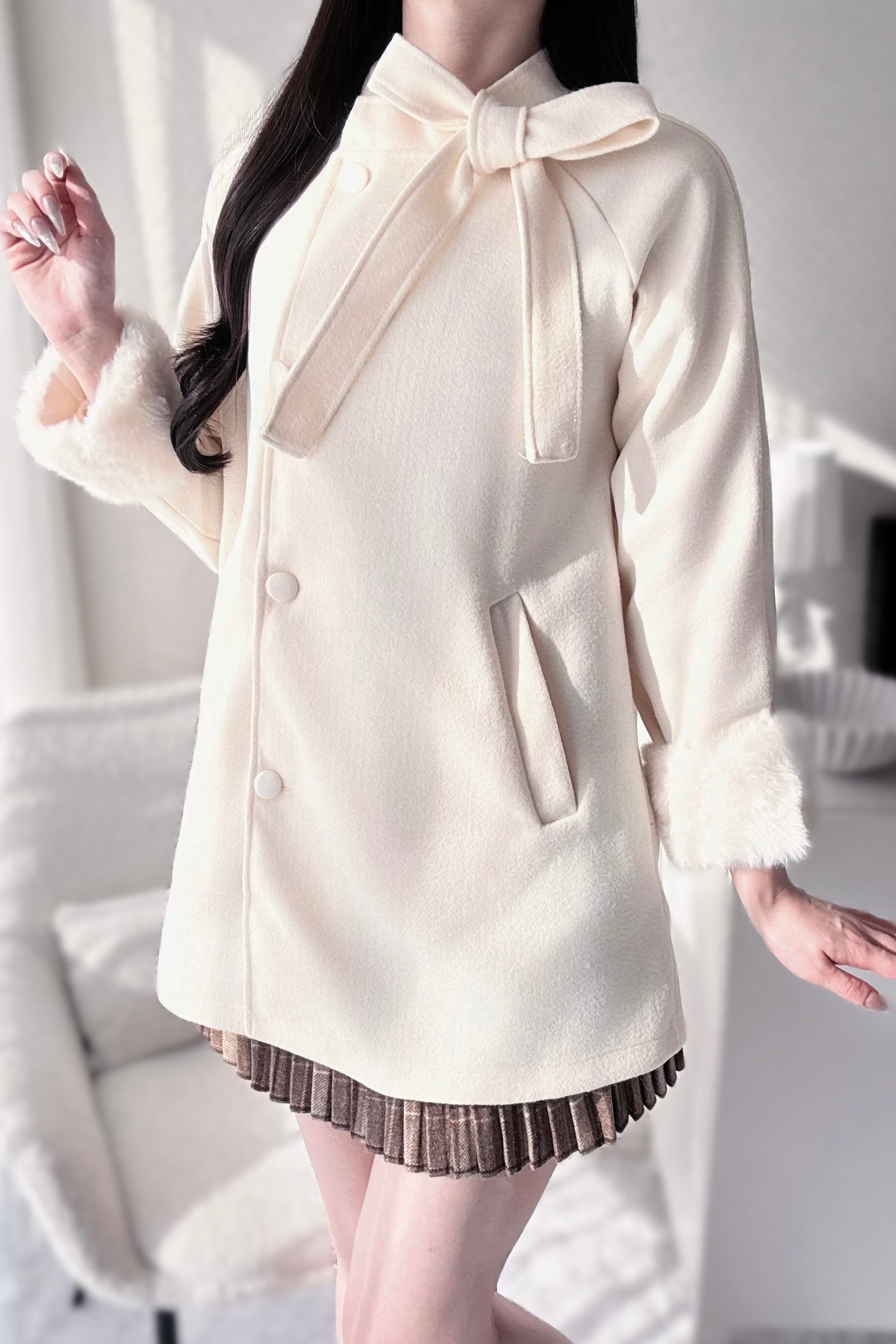 リボンロングファーコート KR30154