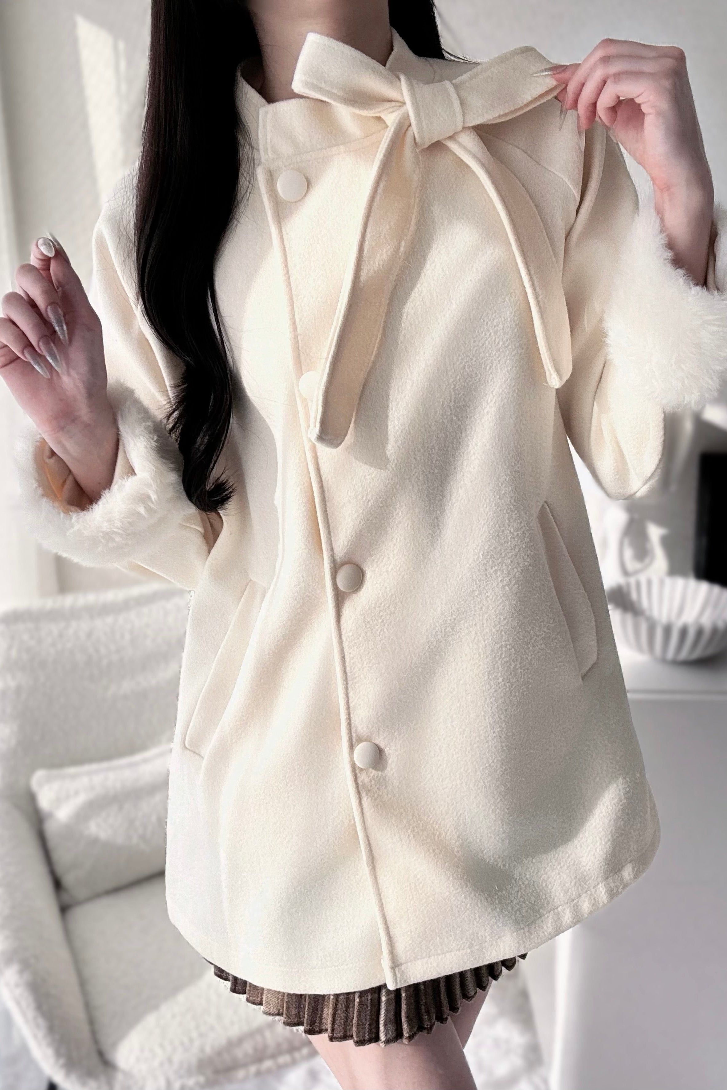 リボンロングファーコート KR30154