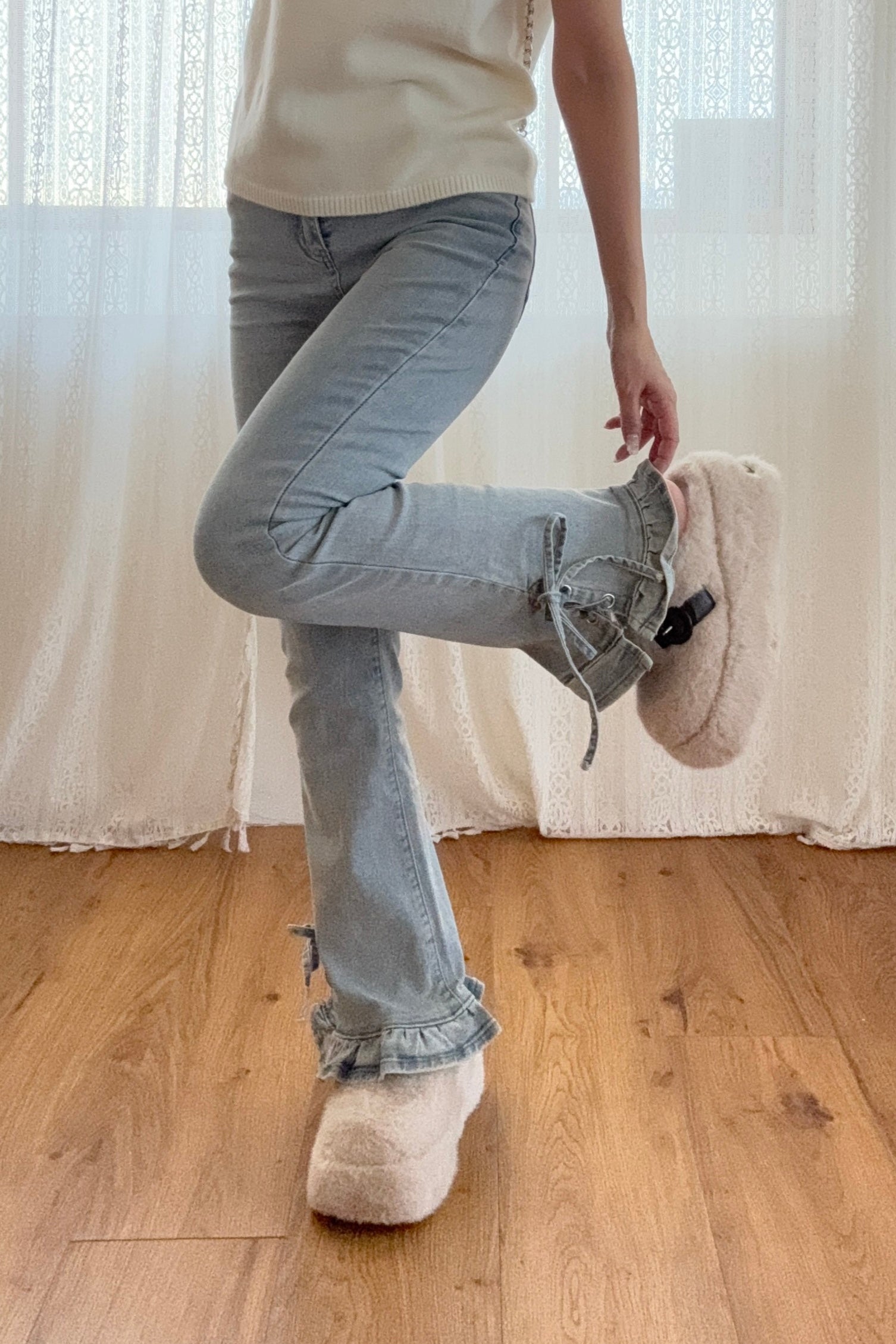 リボンレースアップフリルデニムパンツ KR12781