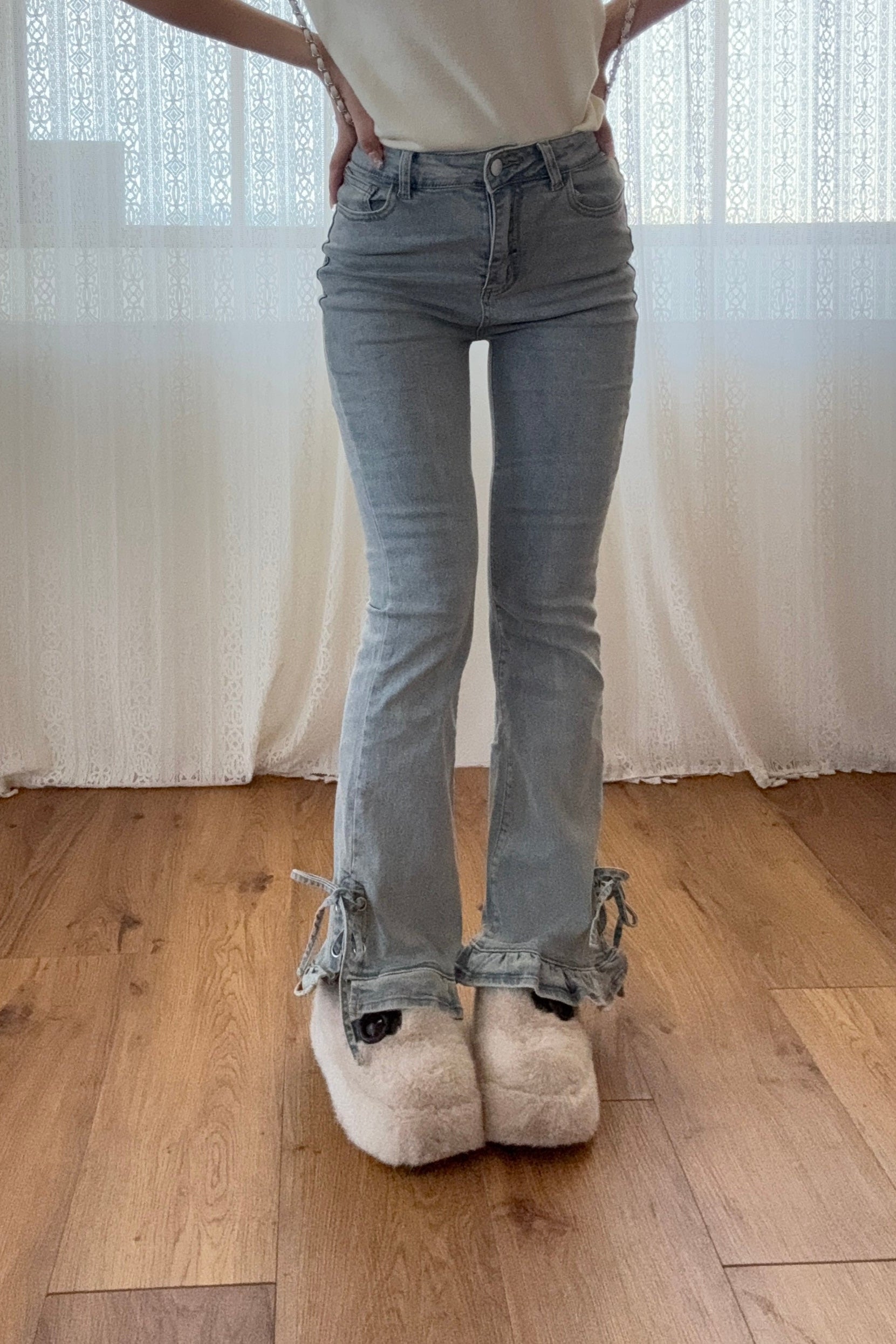 リボンレースアップフリルデニムパンツ KR12781