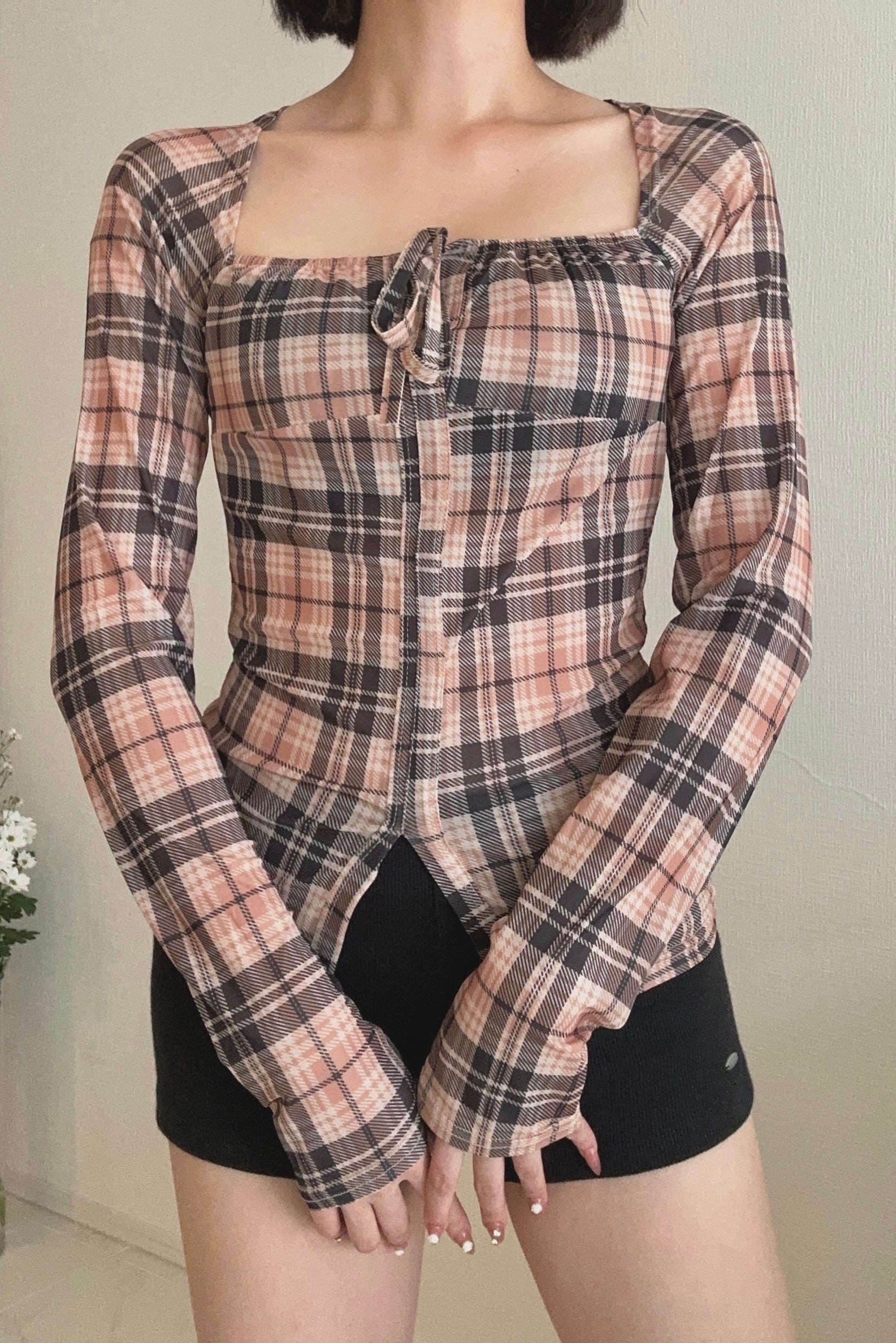 フロントリボンチェックトップス KR13473