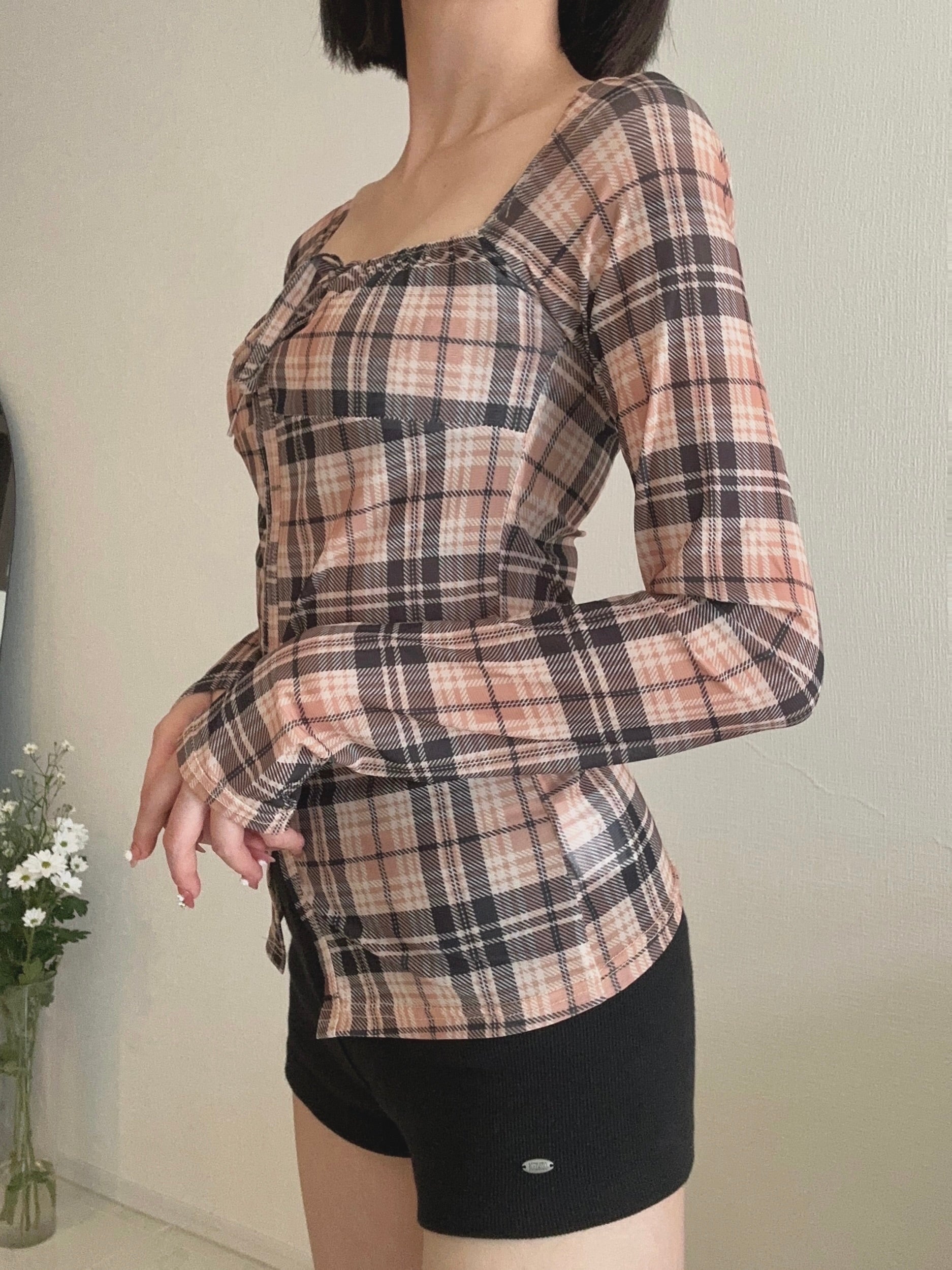フロントリボンチェックトップス KR13473
