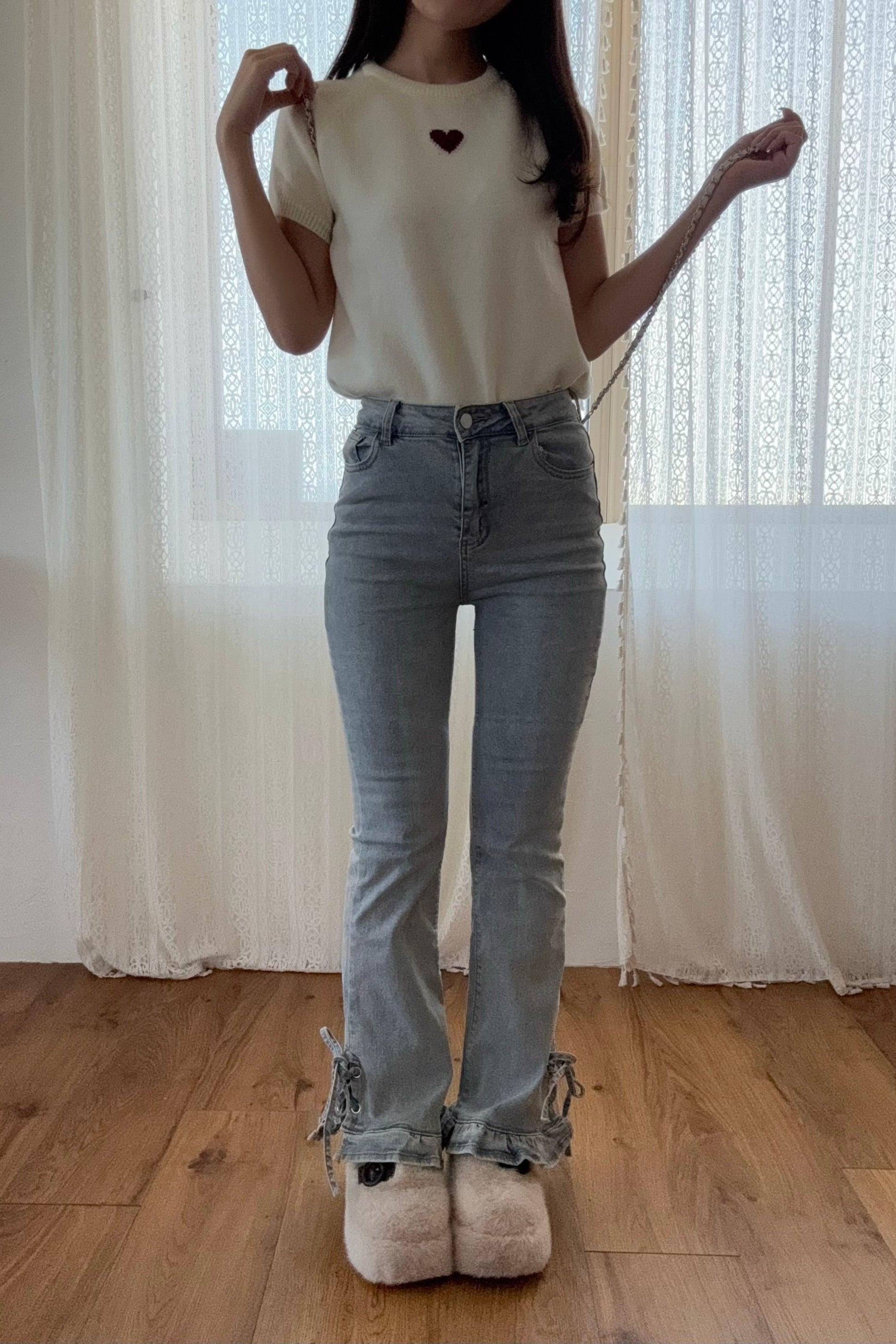 リボンレースアップフリルデニムパンツ KR12781