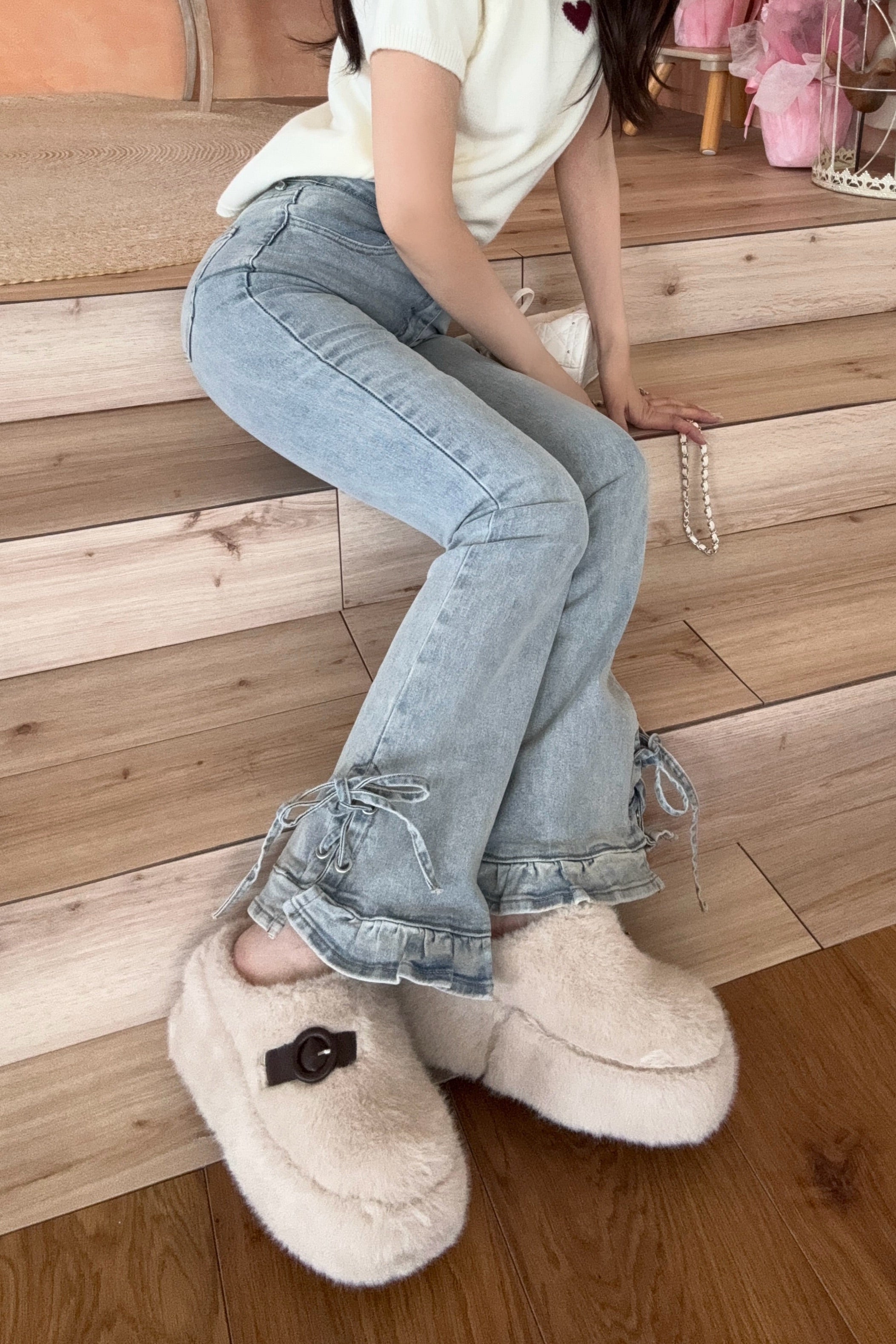 リボンレースアップフリルデニムパンツ KR12781