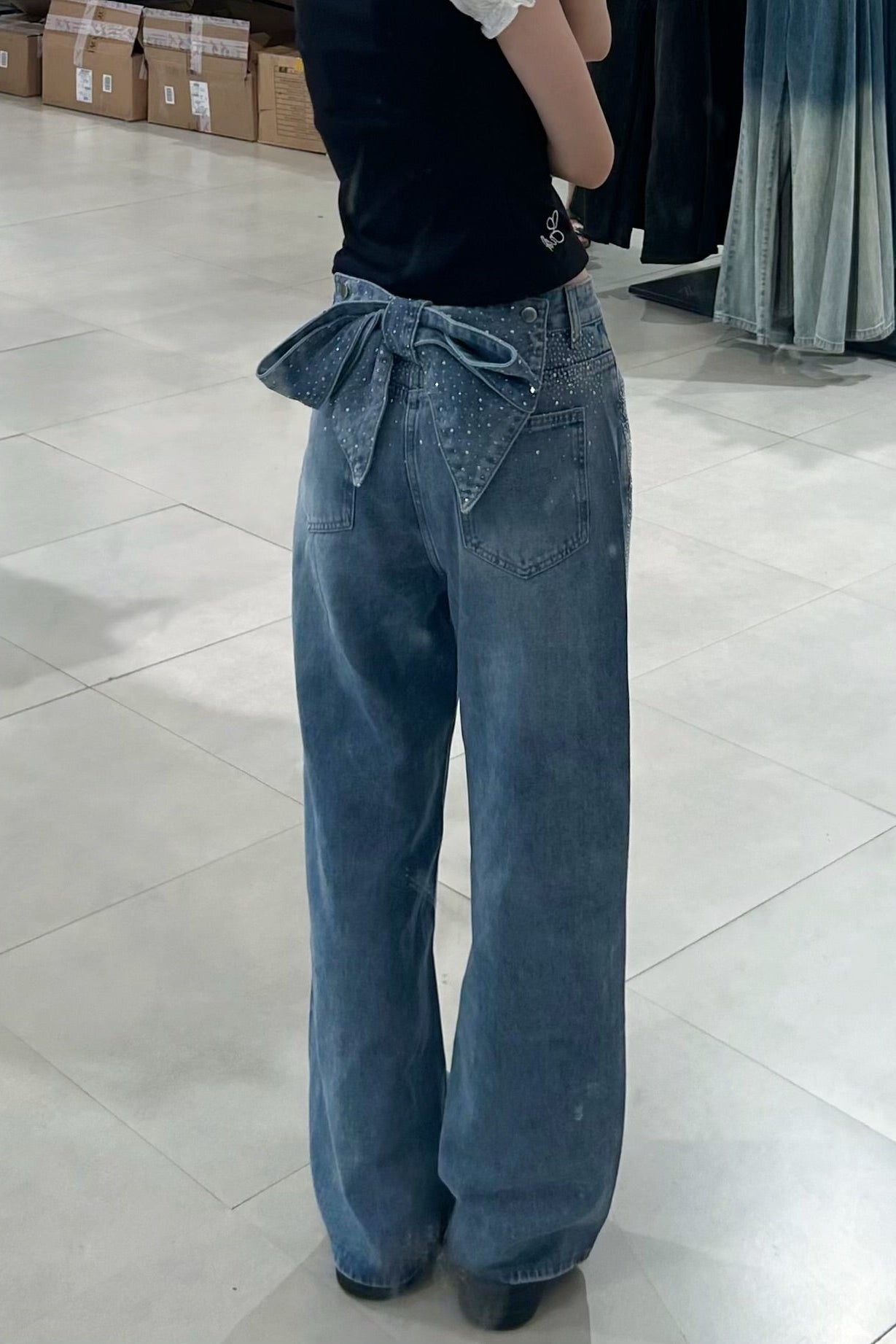 ラインストーンバックリボンワイドデニムパンツ KR15696