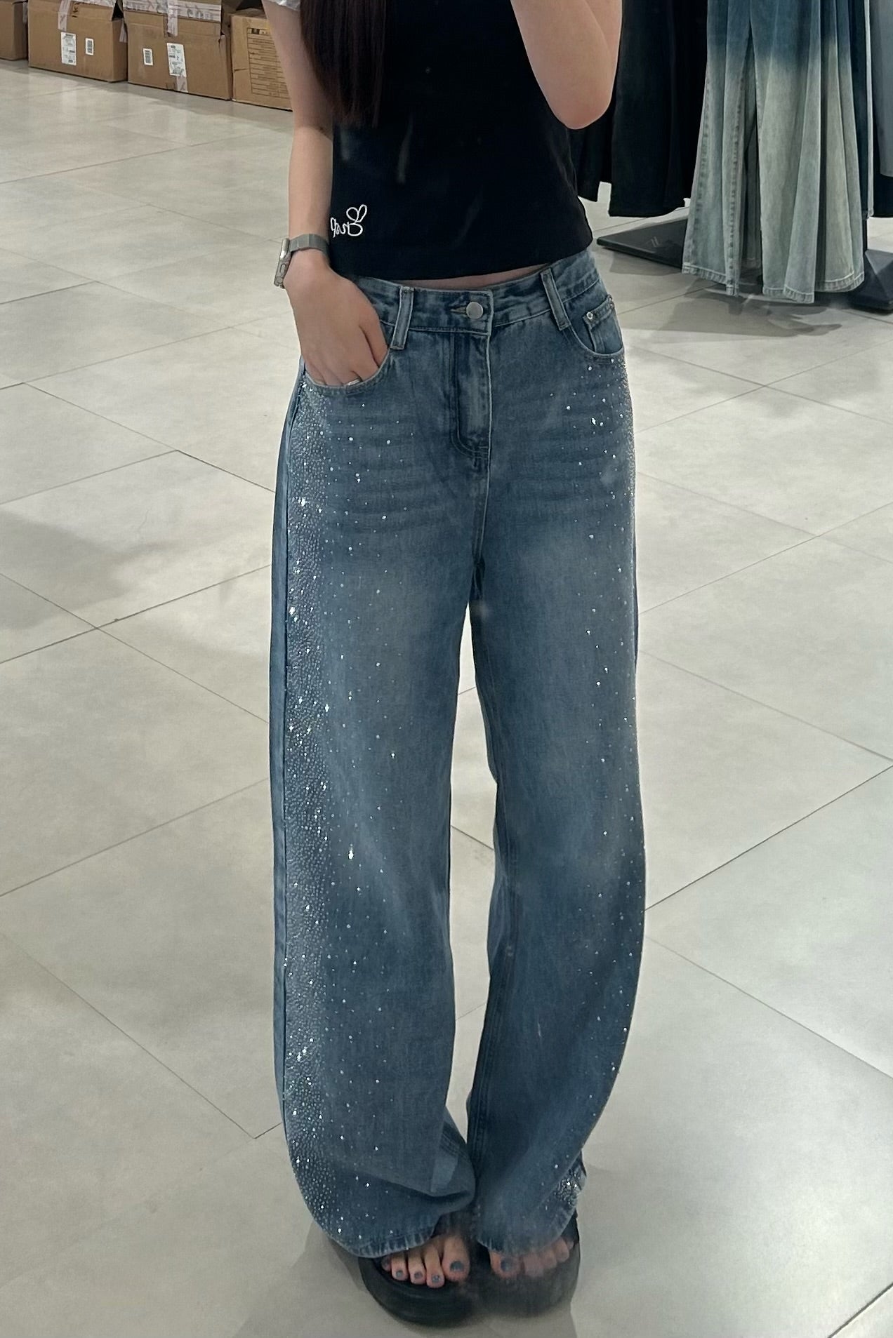 ラインストーンバックリボンワイドデニムパンツ KR15696