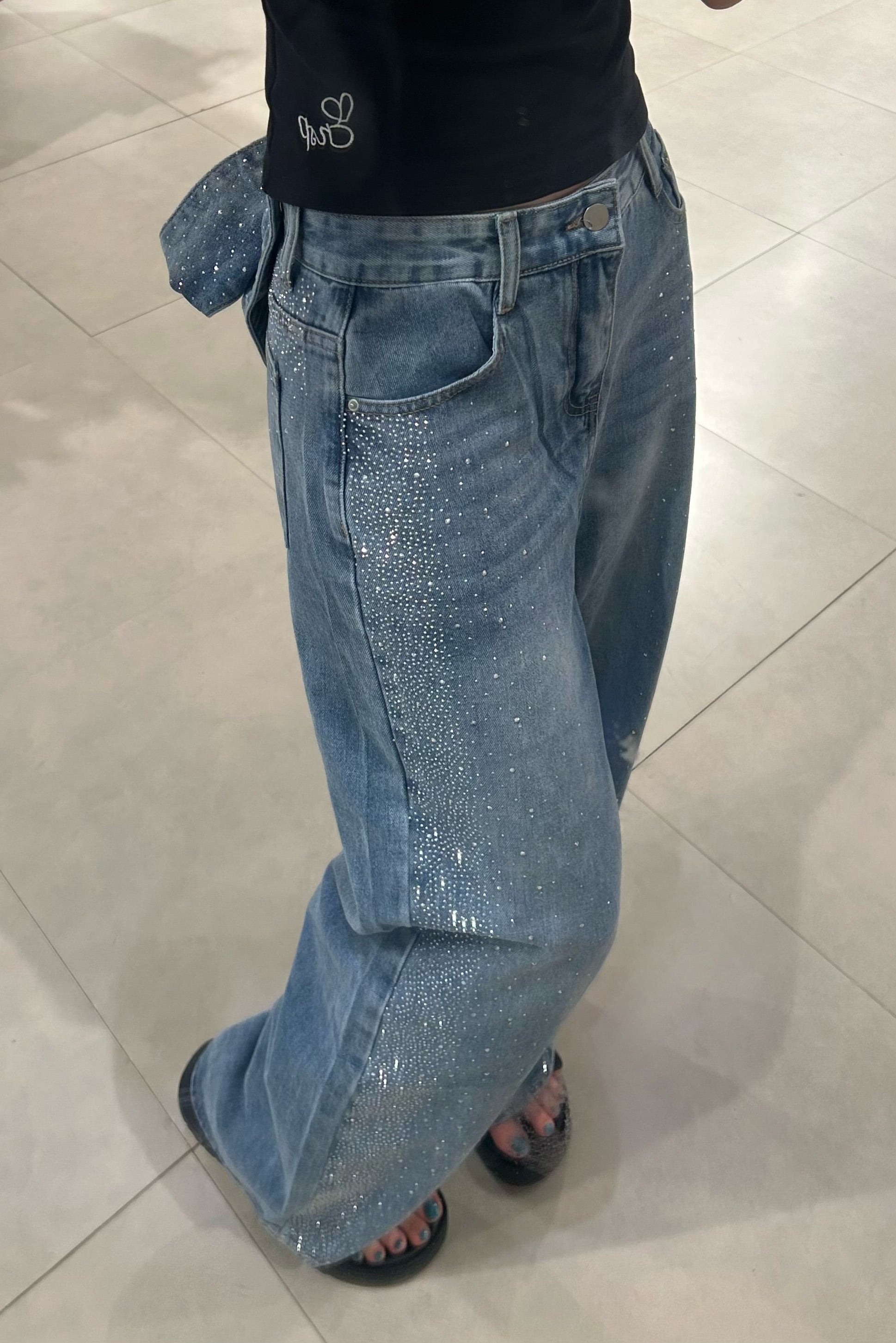ラインストーンバックリボンワイドデニムパンツ KR15696