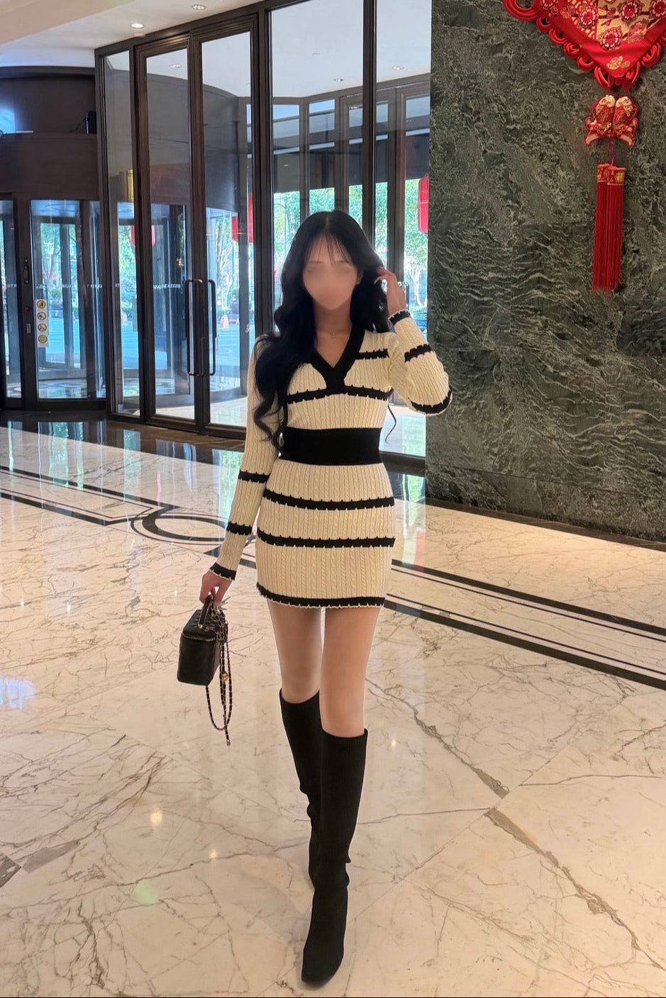 ボーダーリブカラーニットワンピース KR14026