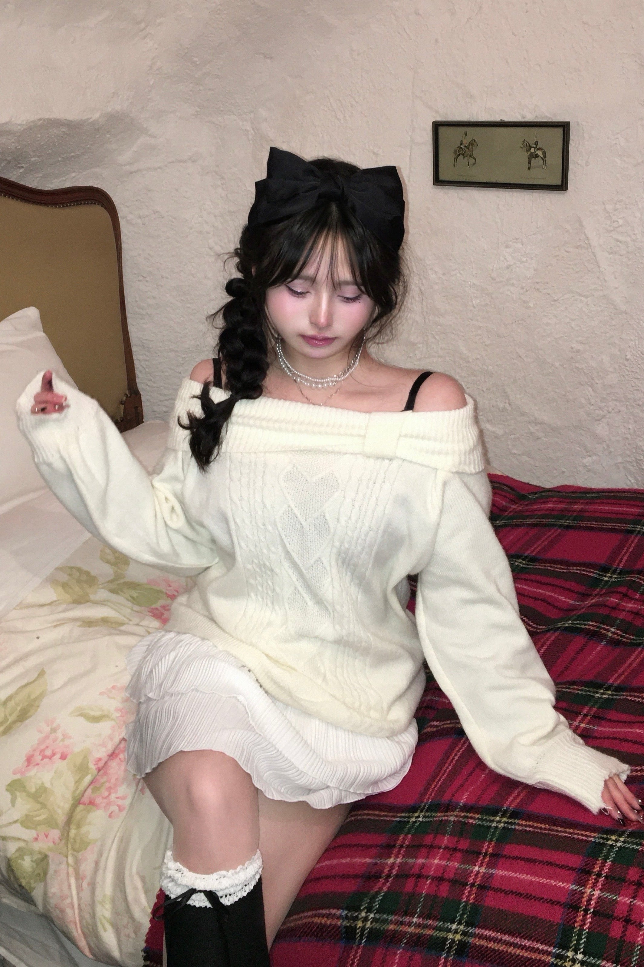 ワイドリブオフショルケーブルニット KR13982