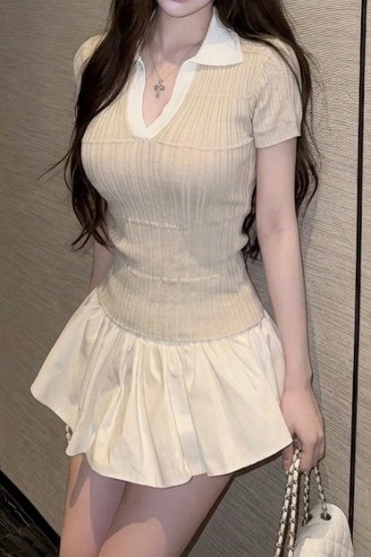 リブニットポロレイヤードトップス KR14538