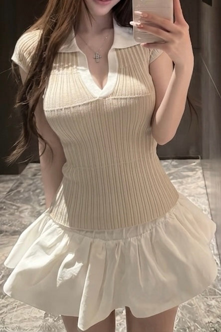 リブニットポロレイヤードトップス KR14538