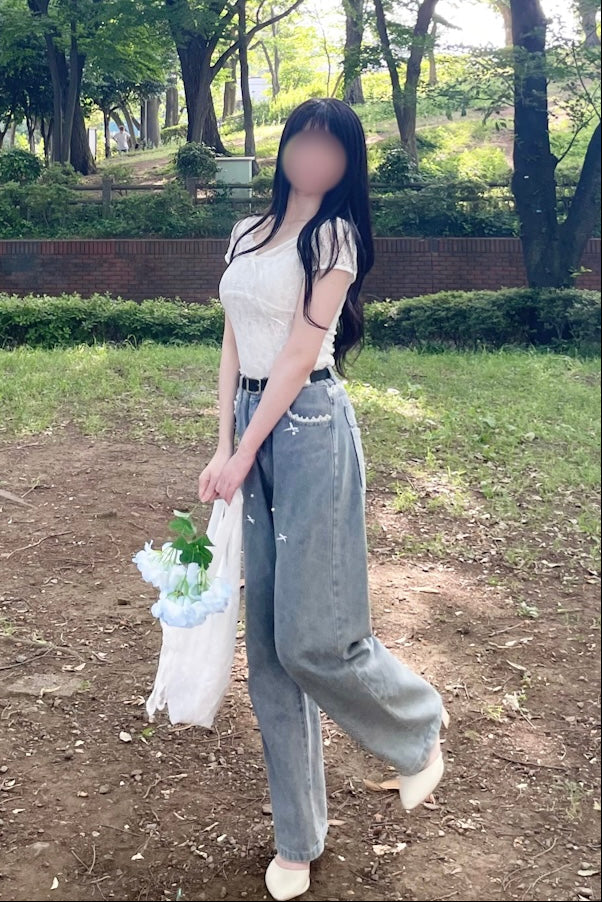 レースデザインデニムパンツ KR14392