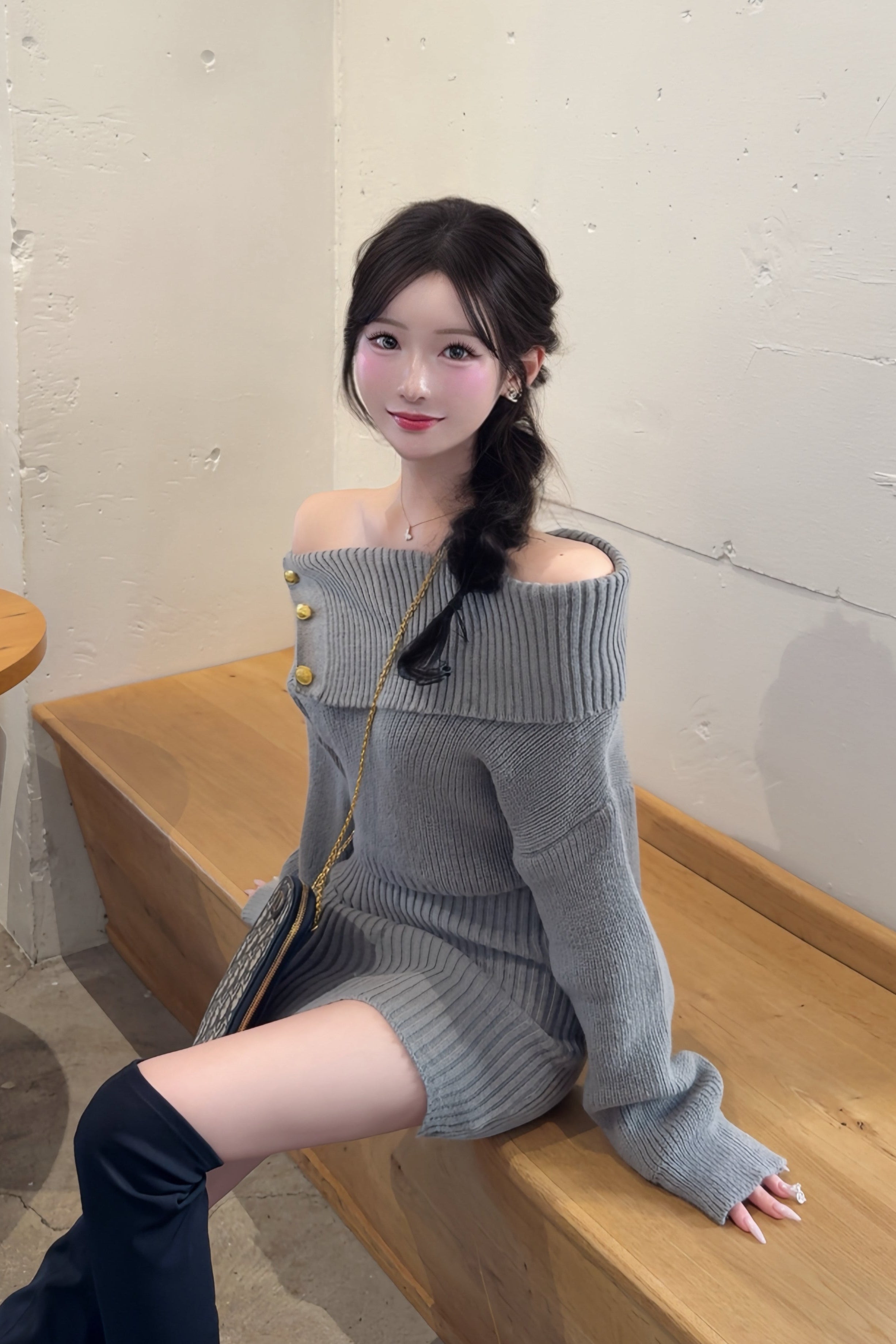 オフショルボタンデザインワンピース KR12838