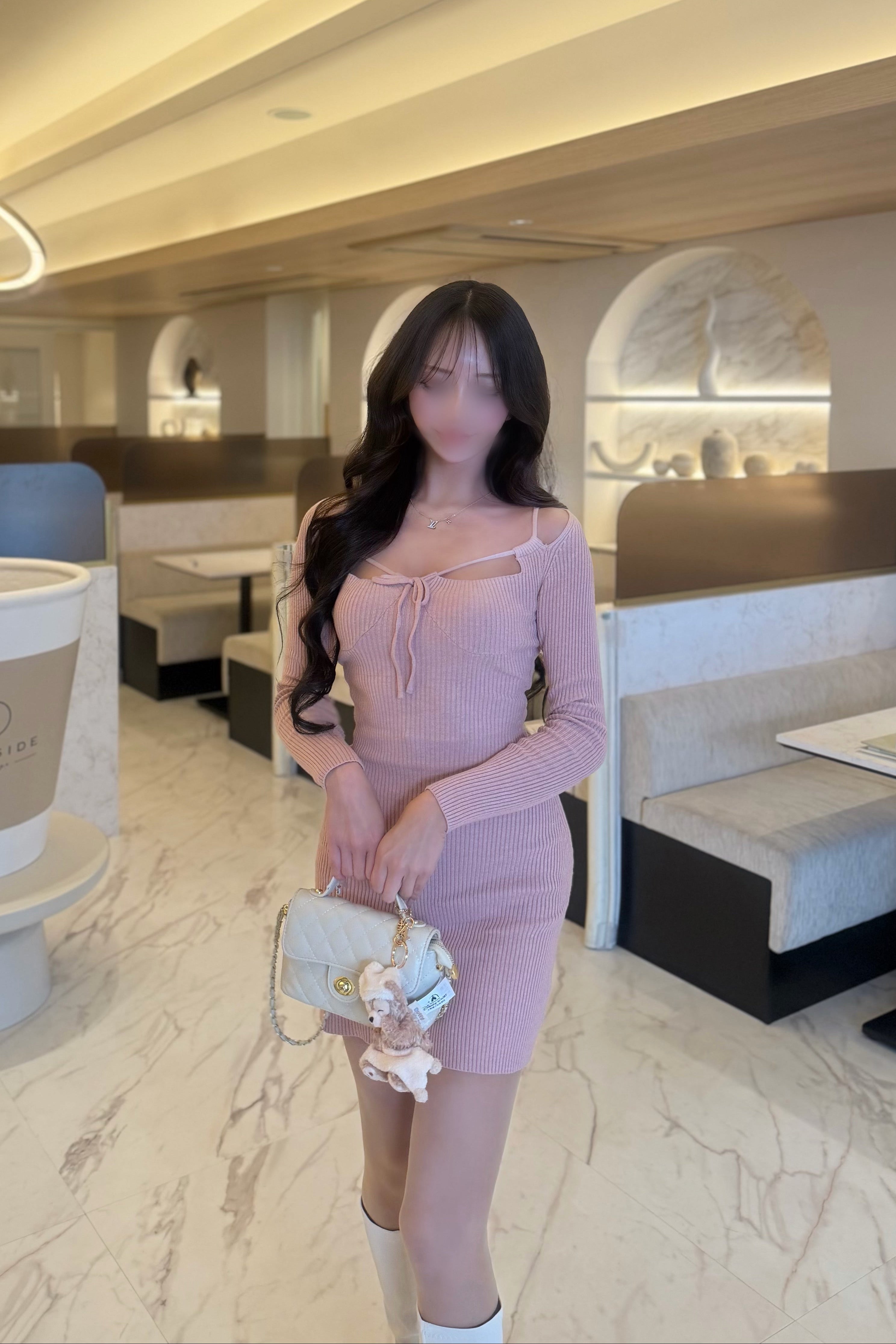 リボンオフショルリブニットワンピース KR14339