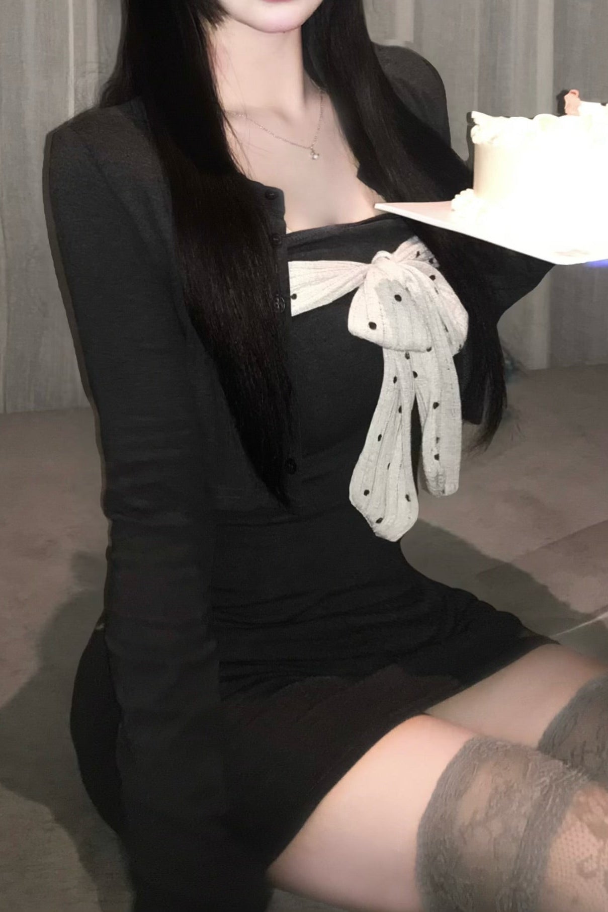 ドットリボンカーデワンピースセット KR13498