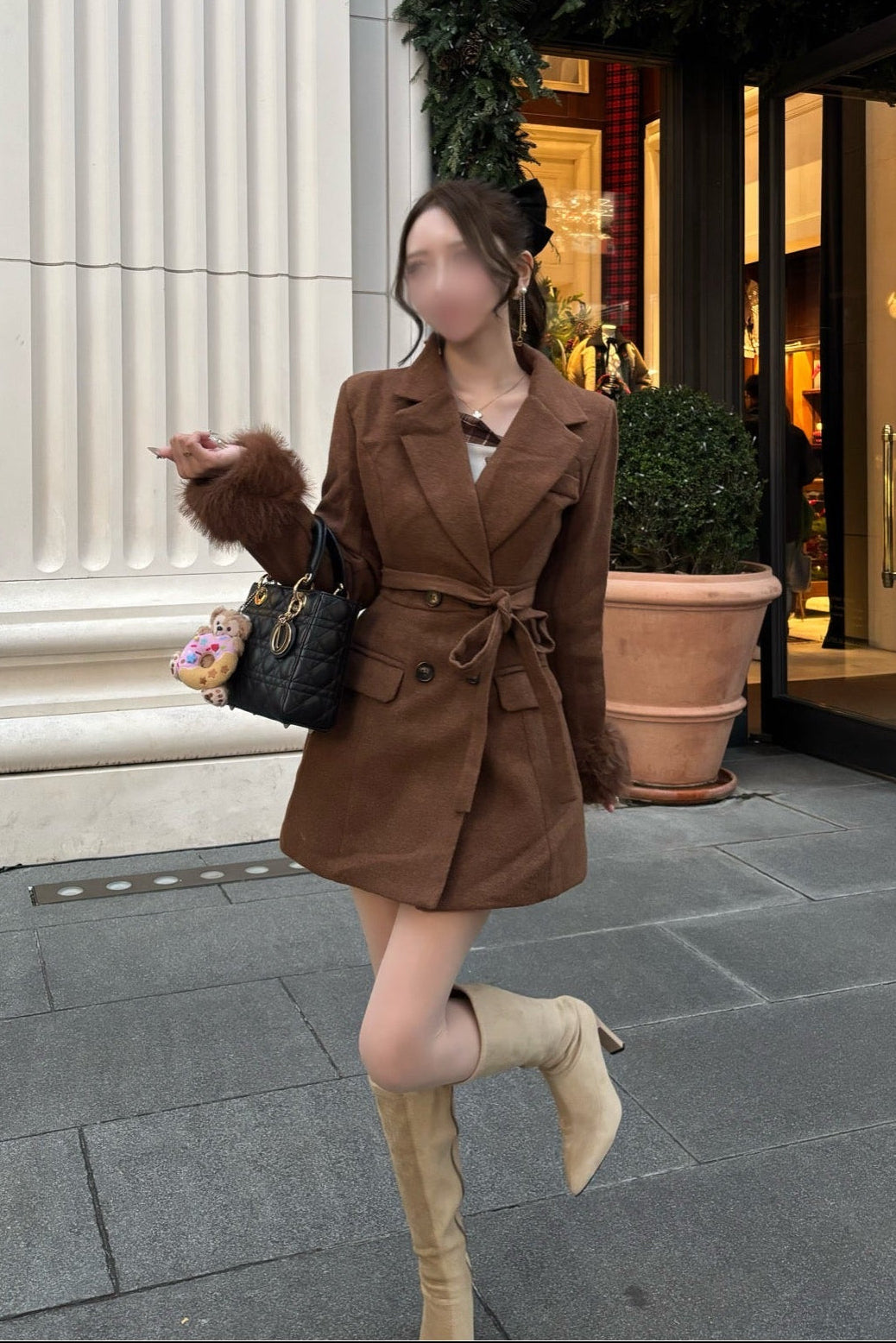 ファーカフリボンウールコート KR30084