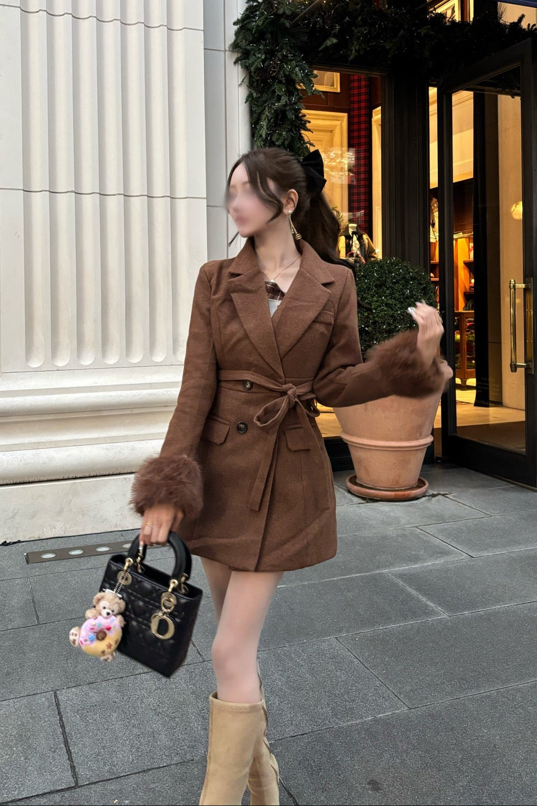 ファーカフリボンウールコート KR30084