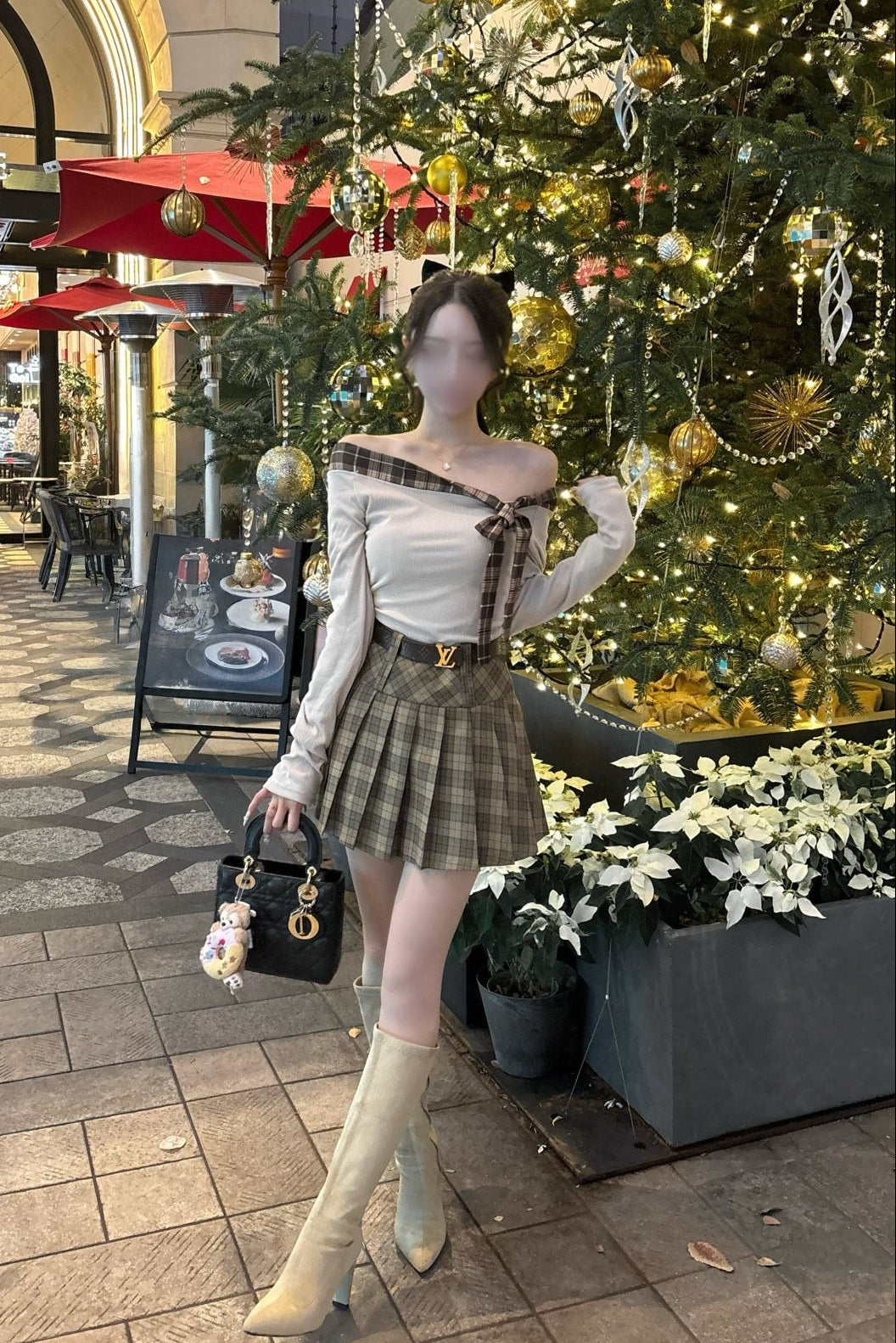 オフショルリボンチェックトップス KR13511