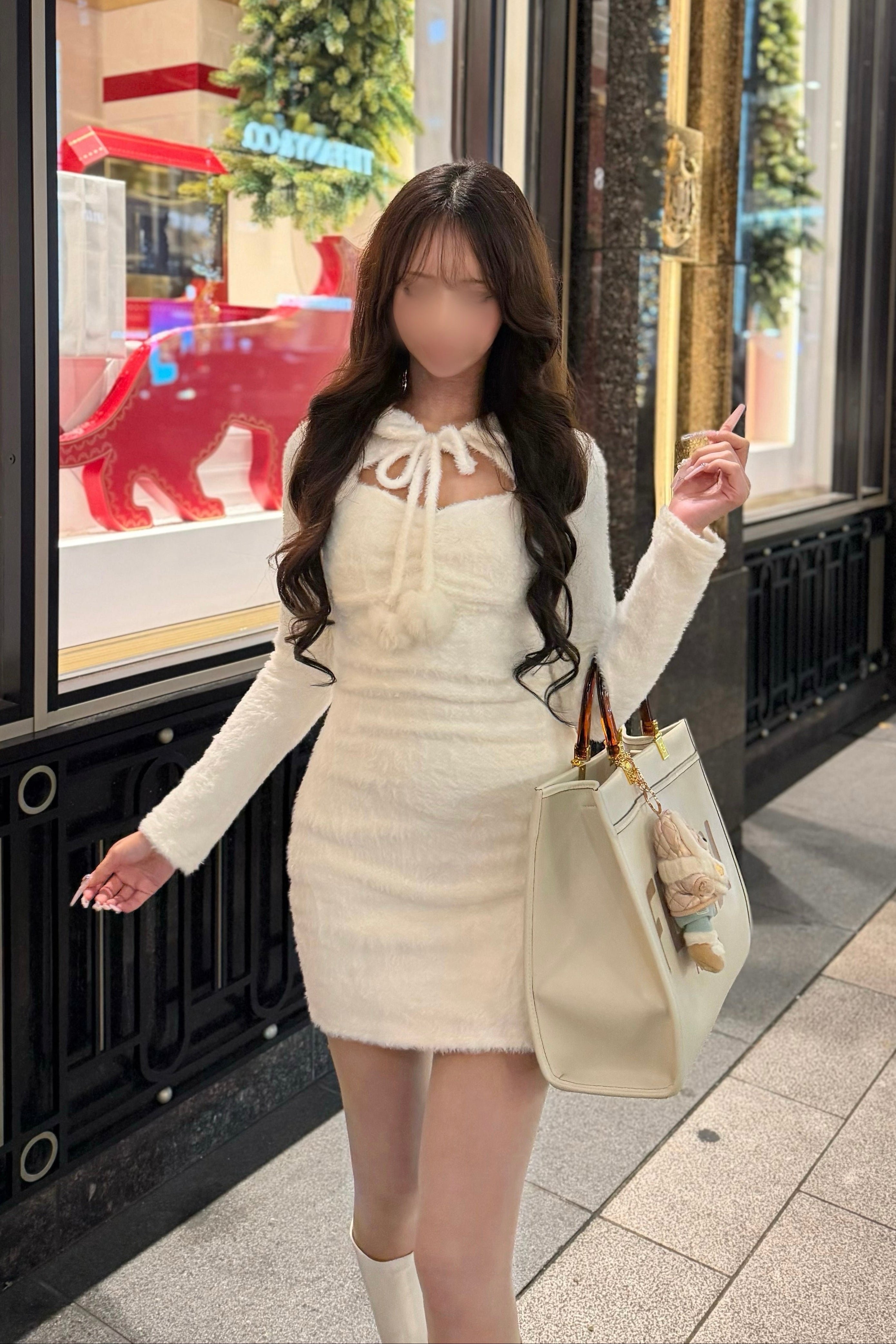 フロントリボンフェザーニットワンピース KR13927