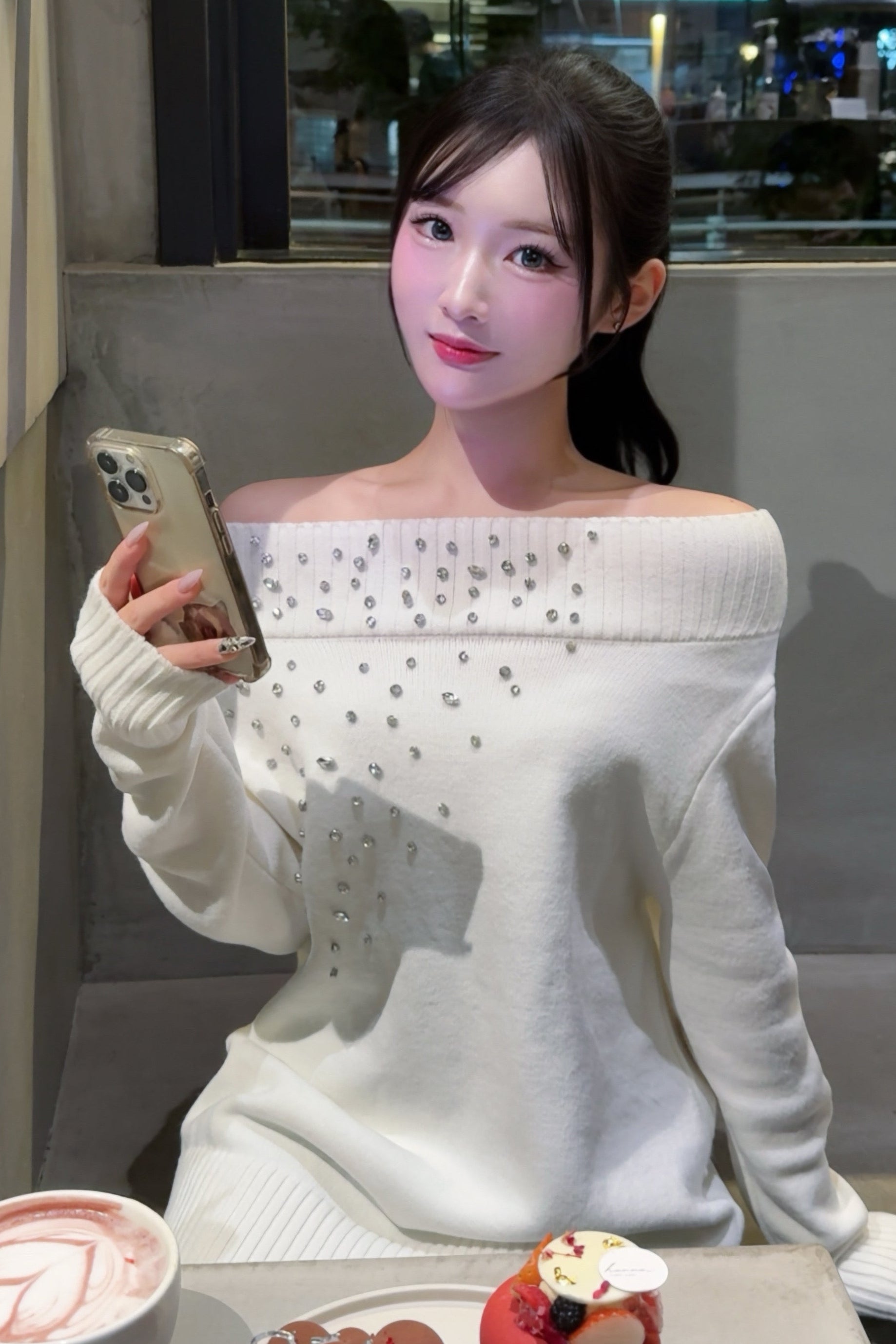 オフショルビジューニット KR13568