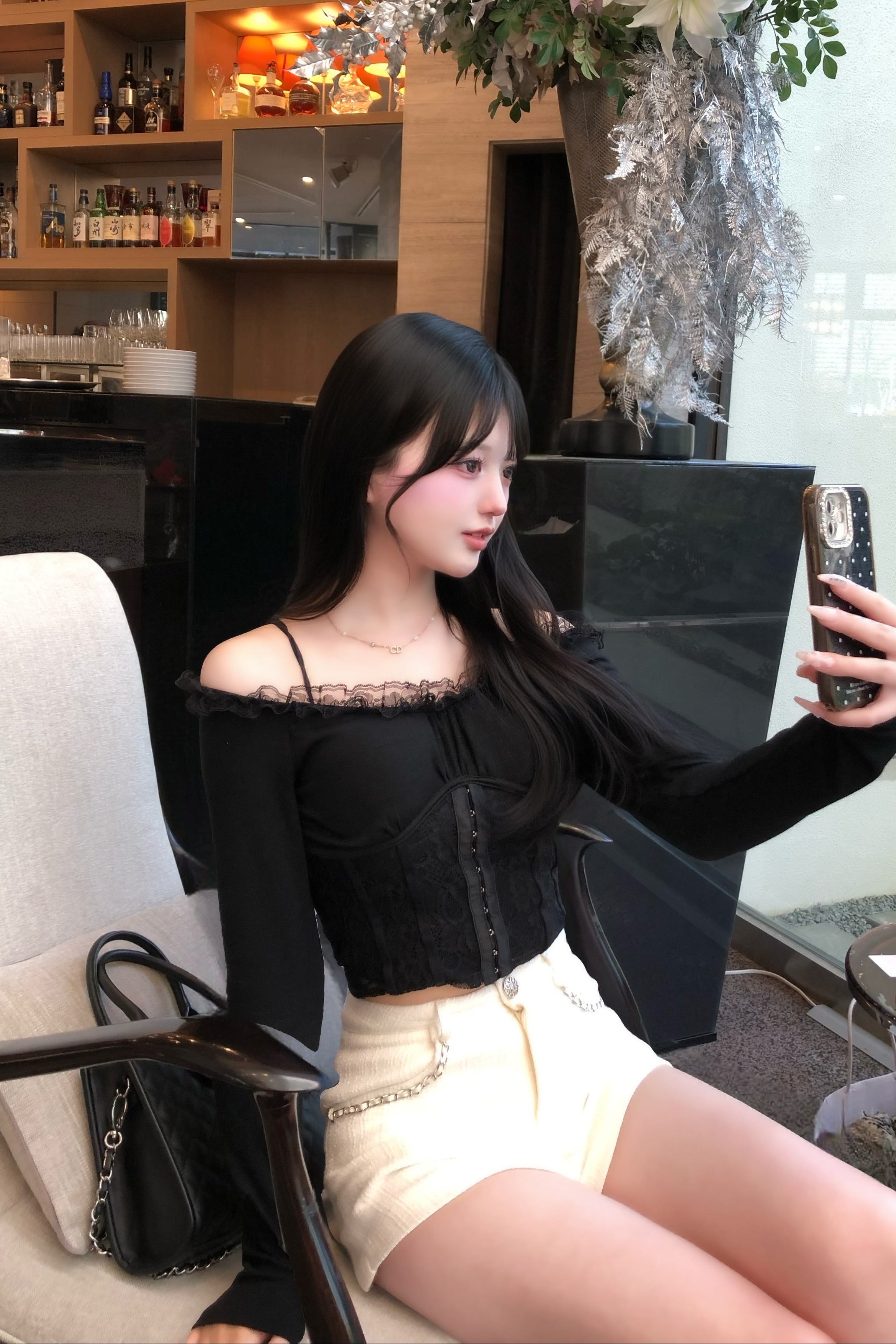 オフショルレースアップトップス R14507