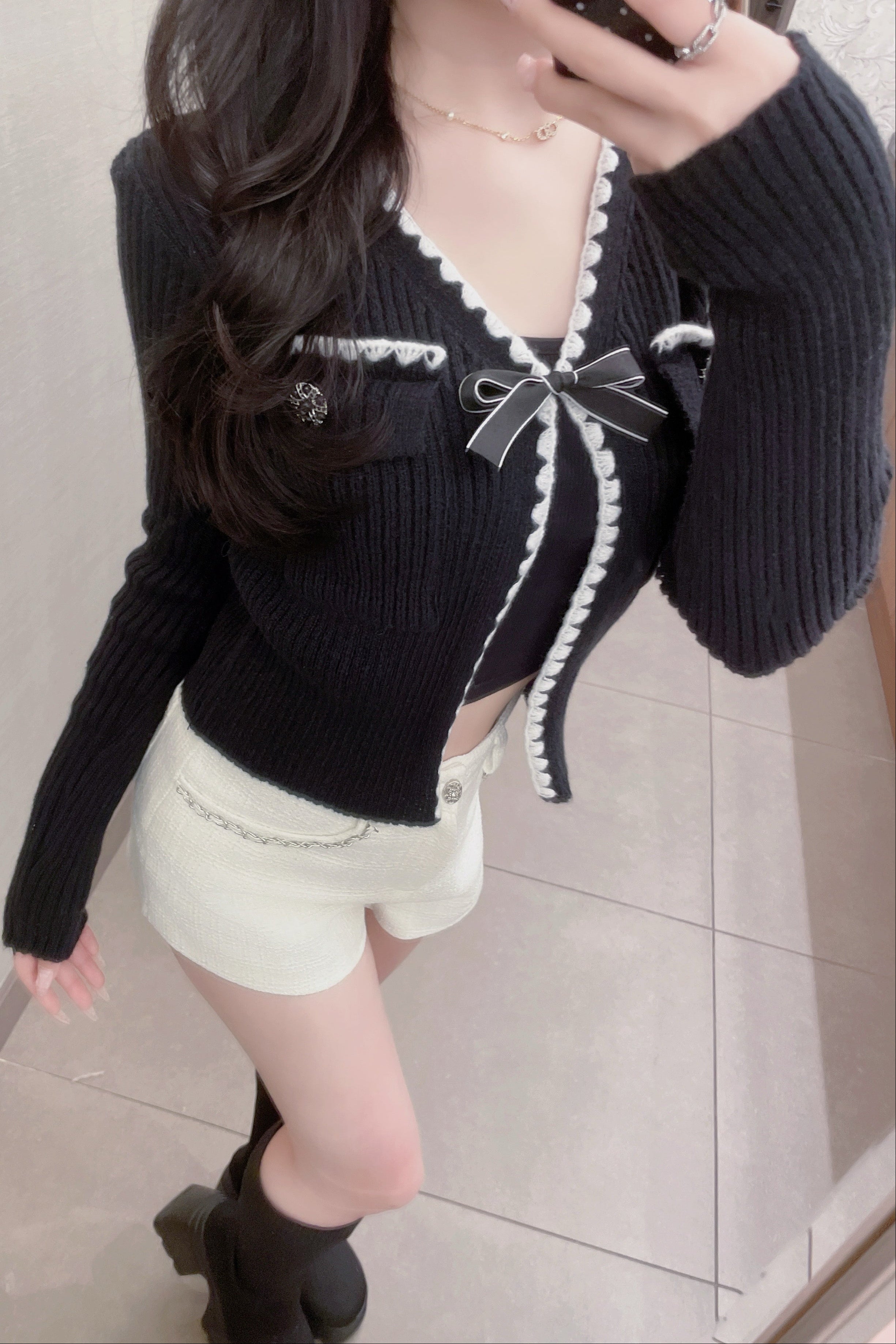 バイカラーリボンリブカーディガン KR14510