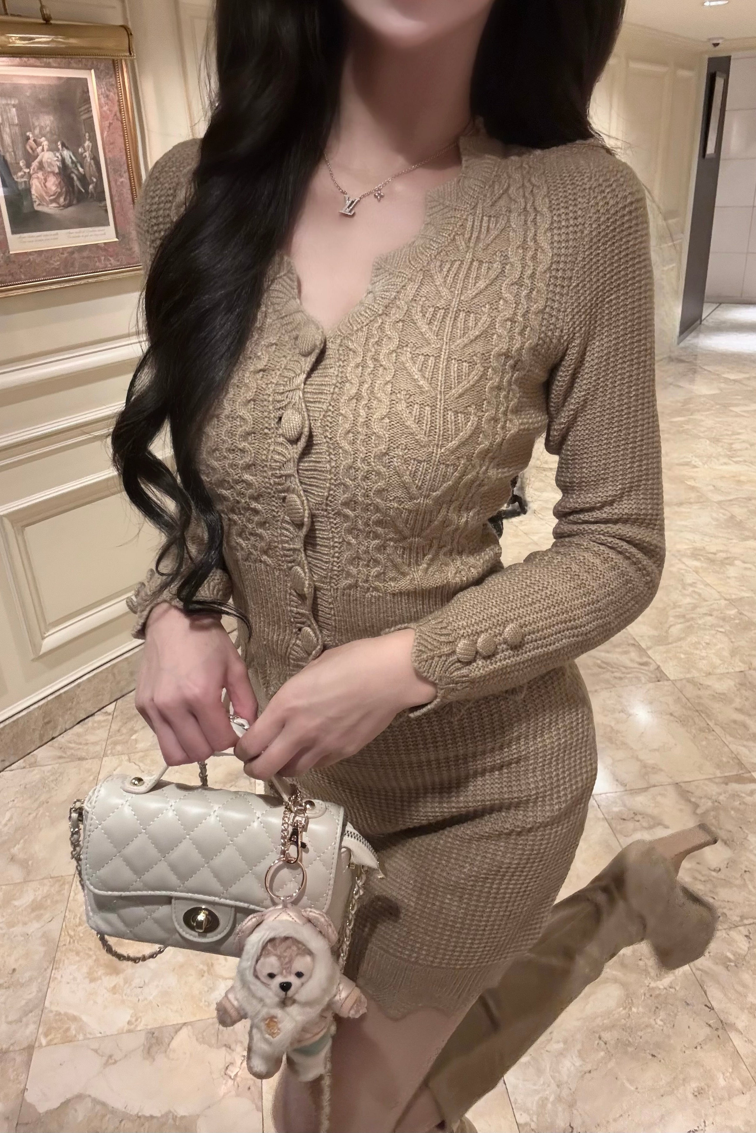 ファーカラーリボンニットセットアップ KR30416