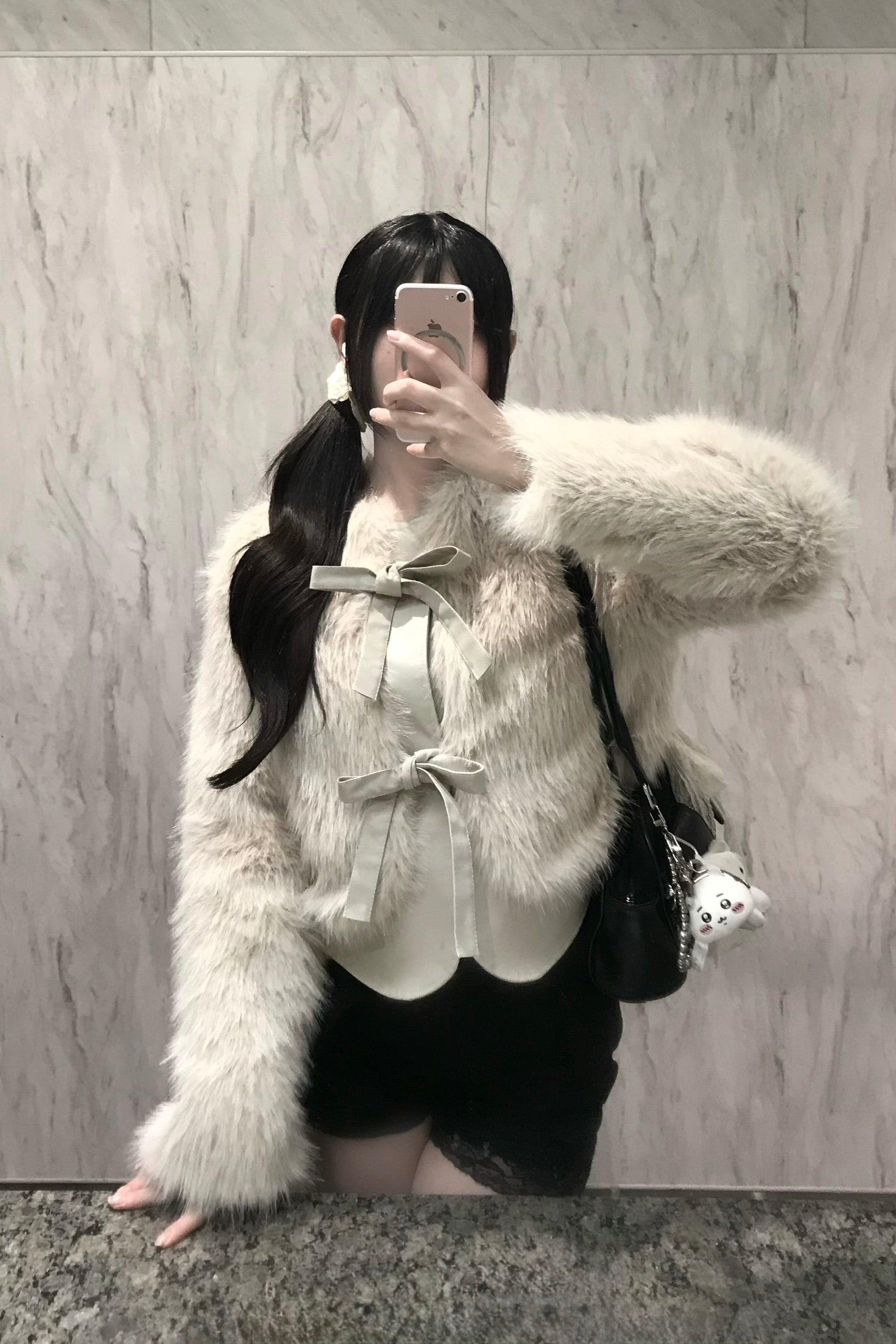 レースアップリボンファーコート KR30360