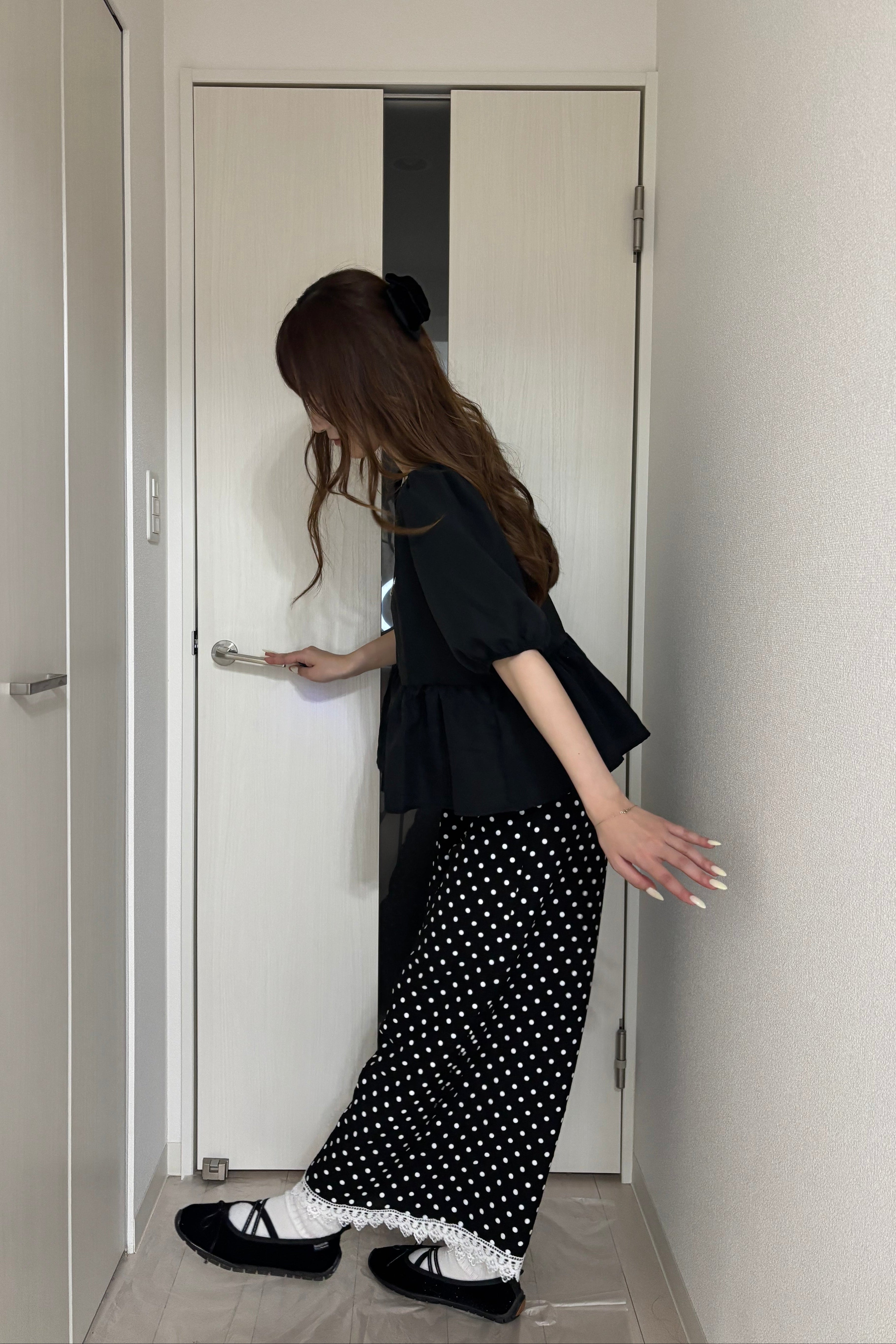 ドットレースヘムワイドロングパンツ KR15654