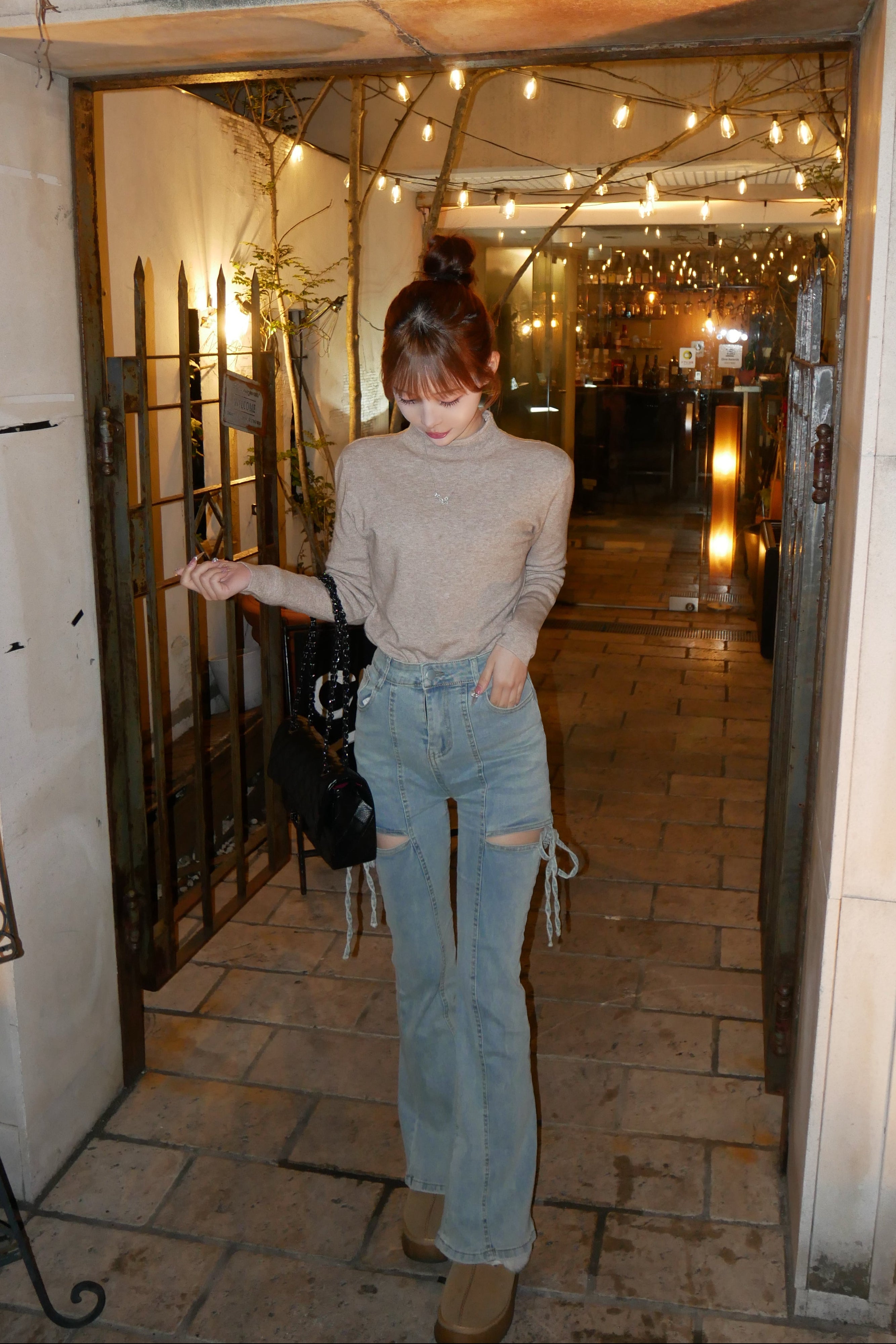 サイドカットアウトリボンフレアパンツ KR14328