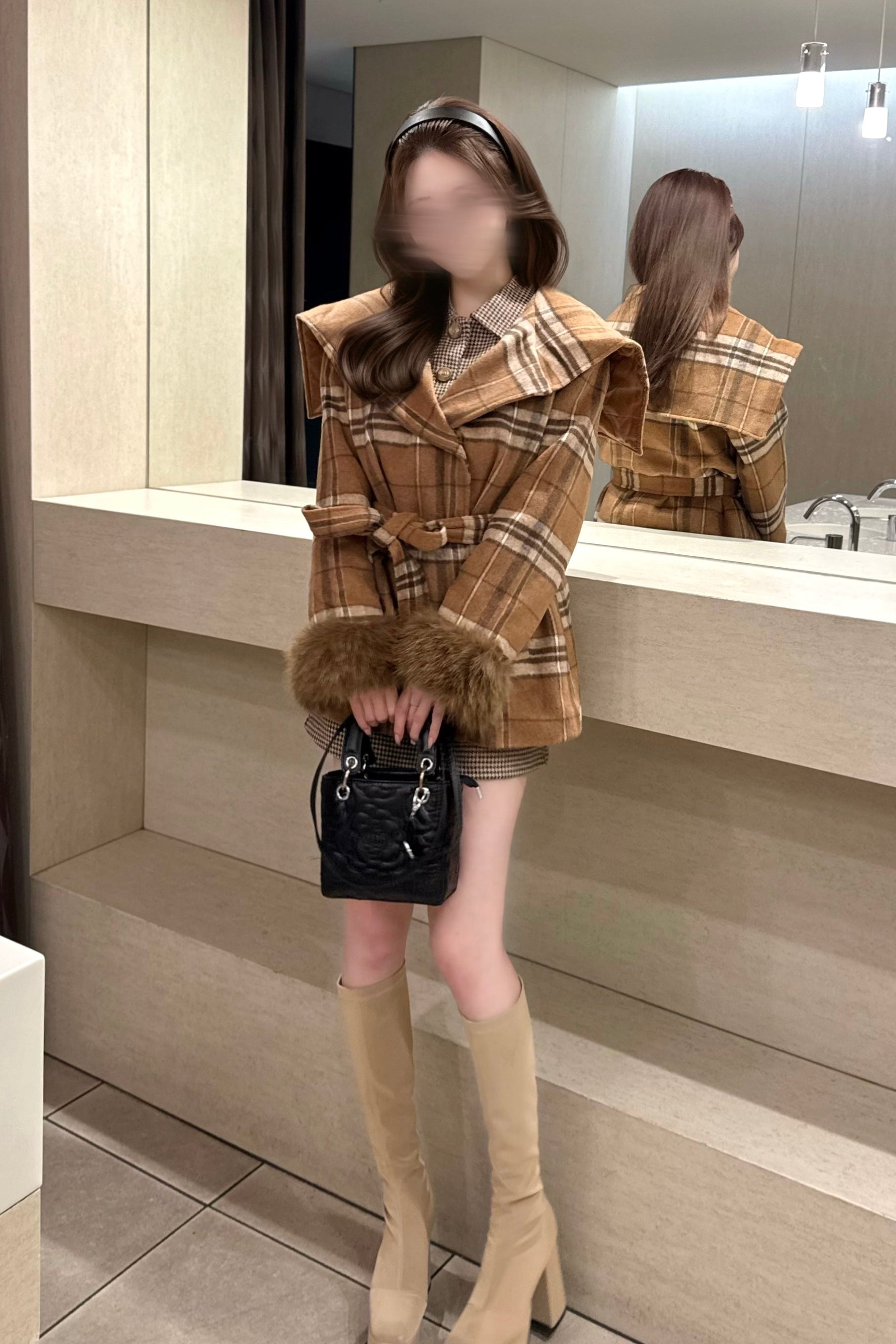 スリーブファーチェックコート KR30108