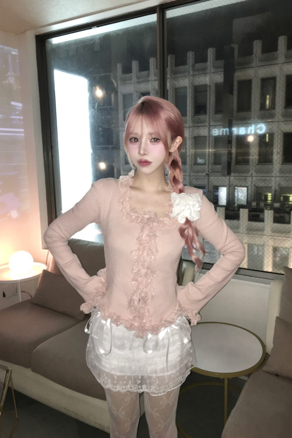 lace up u-neck tops KR10142