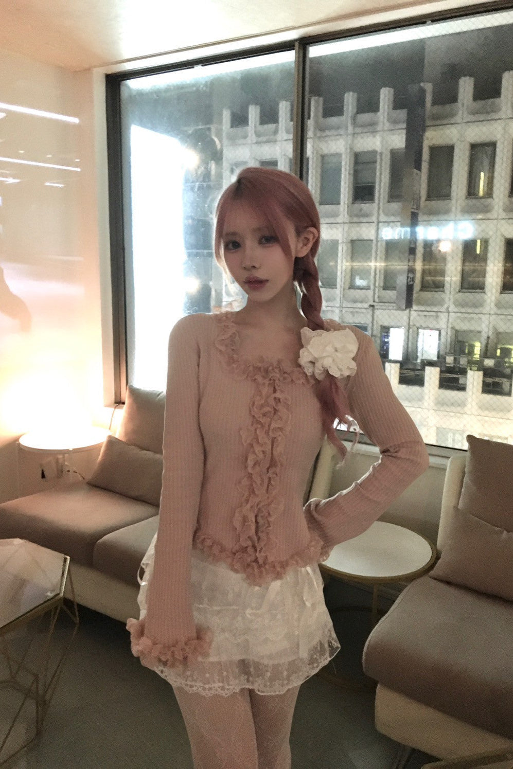 lace up u-neck tops KR10142