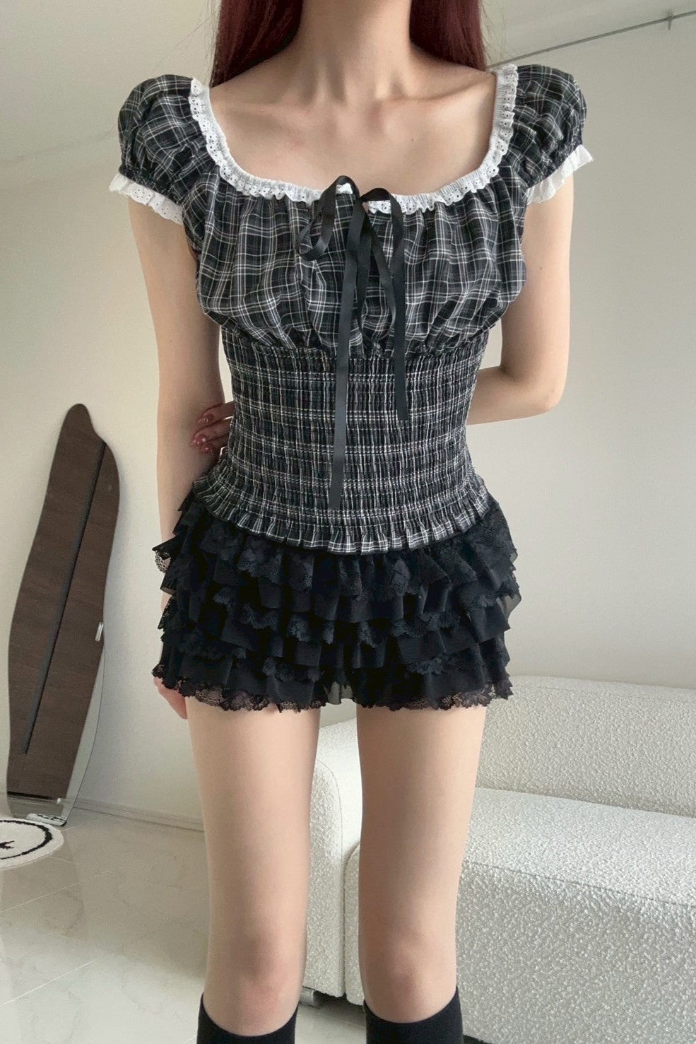 チェックリボンパフスリーブトップス KR10348
