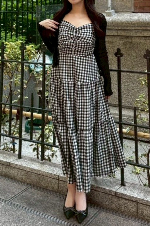ブラックロングチェックワンピース KR10855