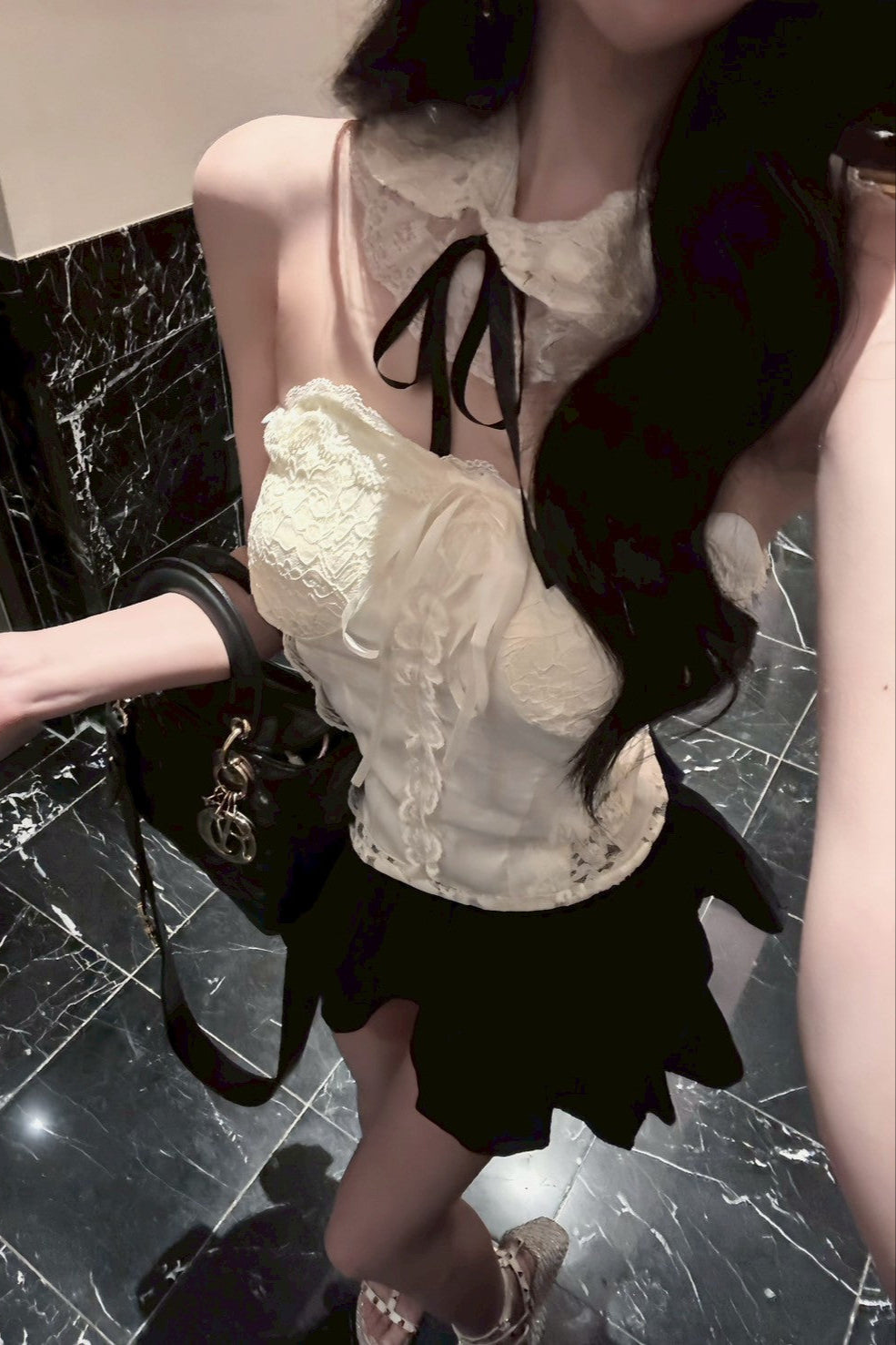 オフショルダーレースリボンキャミソール KR10097