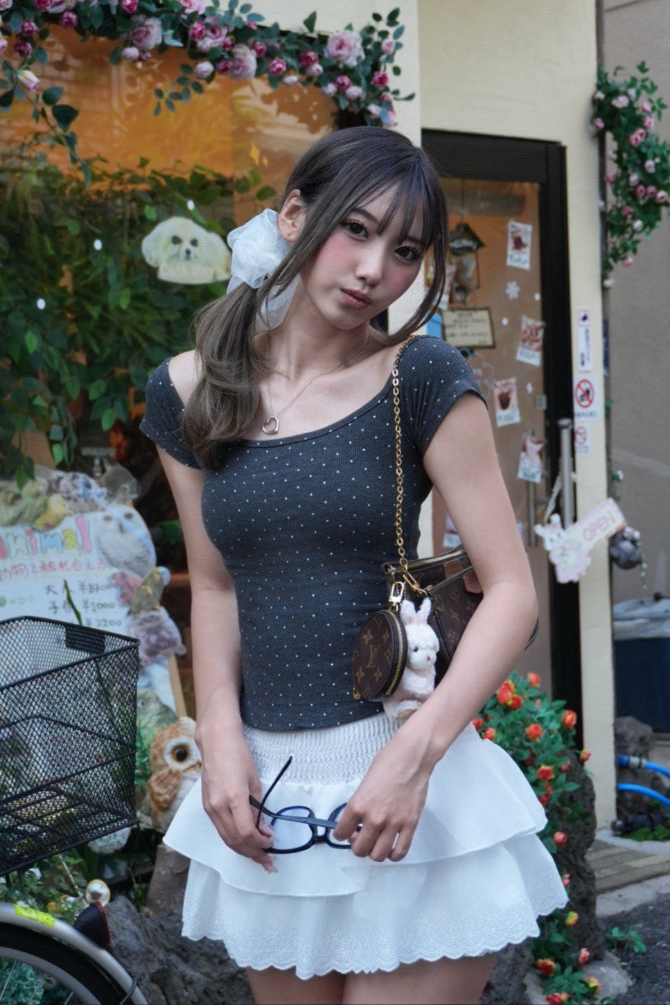 ドットUネックグレーTシャツ KR10883