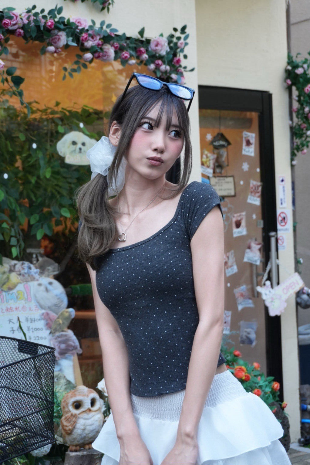 ドットUネックグレーTシャツ KR10883