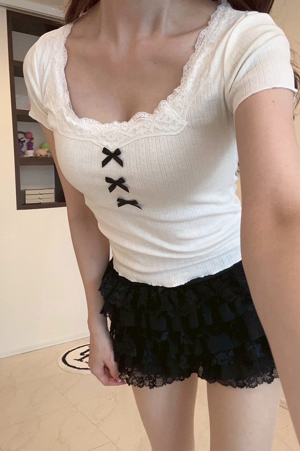 スクエアネックリボンレースTシャツ KR11081